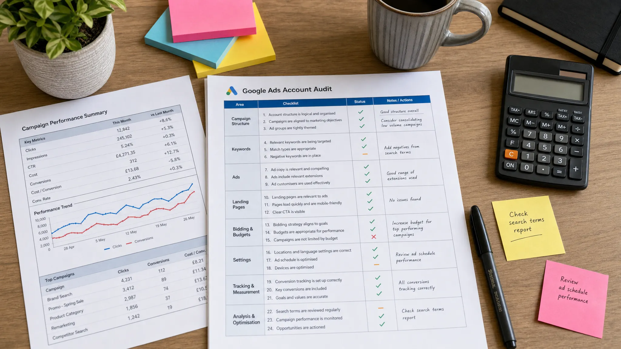 A medium overhead scene of a tidy agency desk with printed campaign notes, a calculator, coloured sticky notes, and a marked-up Google Ads account audit checklist spread out for review.