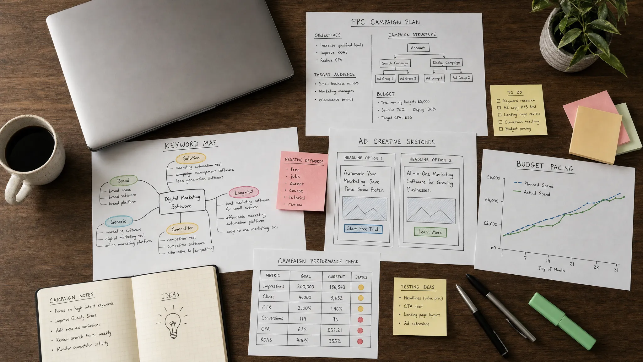 A desk with PPC campaign planning notes, keyword maps, ad creative sketches, budget pacing charts and a closed laptop, showing the analytical work behind paid media optimisation from above.