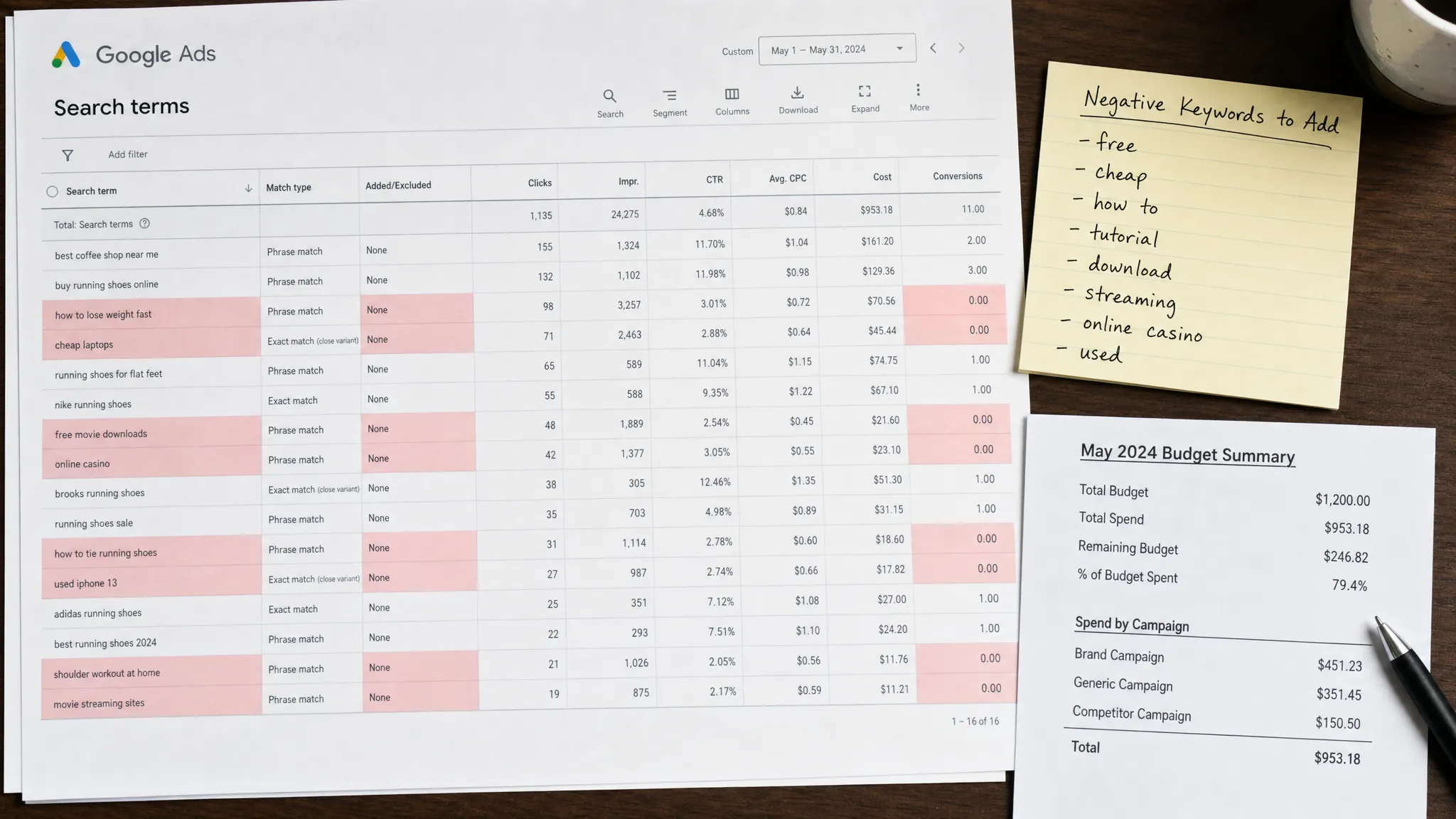 A Google Ads search terms report on a desk with irrelevant queries highlighted, handwritten negative keyword notes and a small budget summary sheet beside it.
