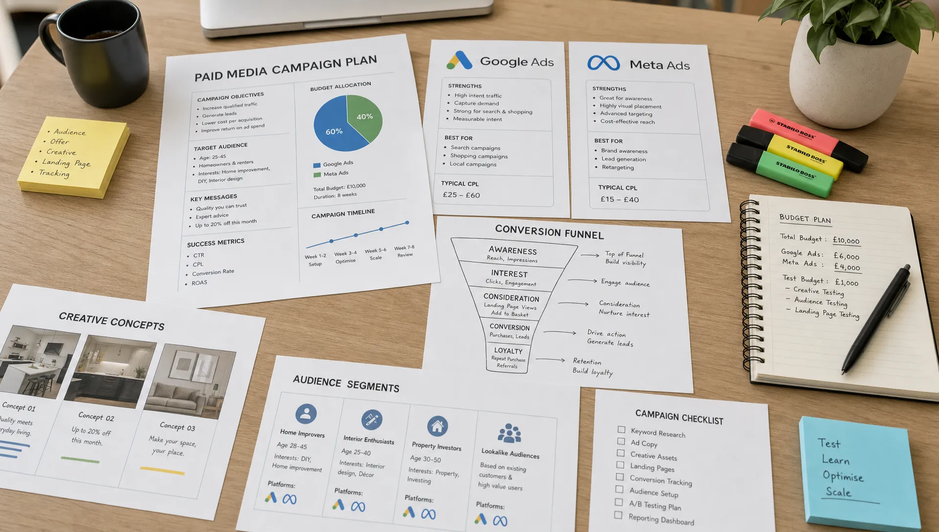A planning desk showing printed paid media campaign notes, channel comparison cards for Google Ads and Meta Ads, conversion funnel sketches, budget markers and creative concept sheets arranged for an agency strategy session.