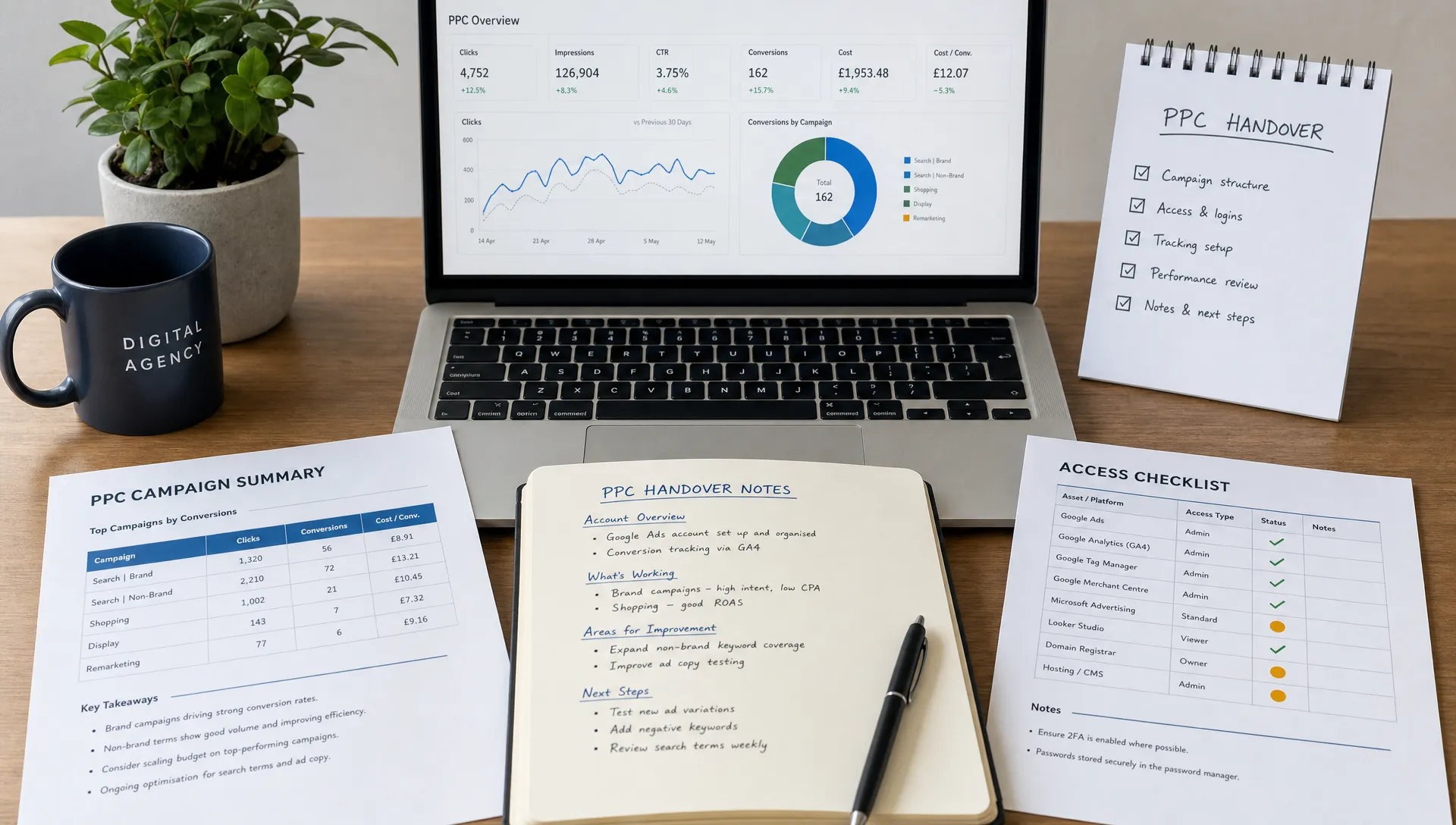 A digital agency project desk showing PPC campaign notes, access checklists and performance charts arranged neatly beside a laptop, representing a structured freelance PPC handover process.