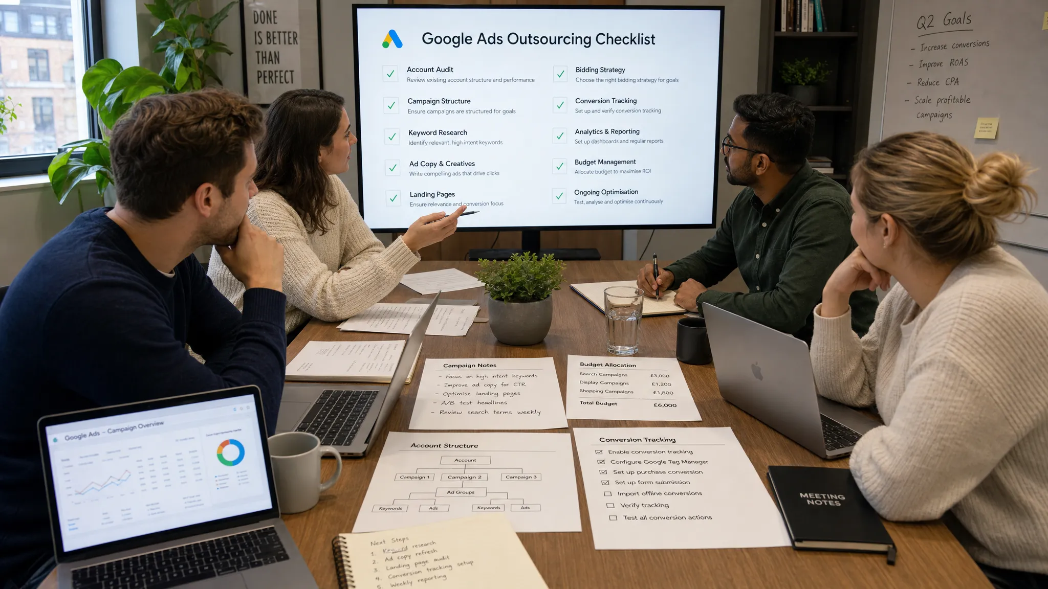 A small agency team reviewing a Google Ads outsourcing checklist around a meeting table, with campaign notes, budget figures and conversion tracking tasks spread out clearly.