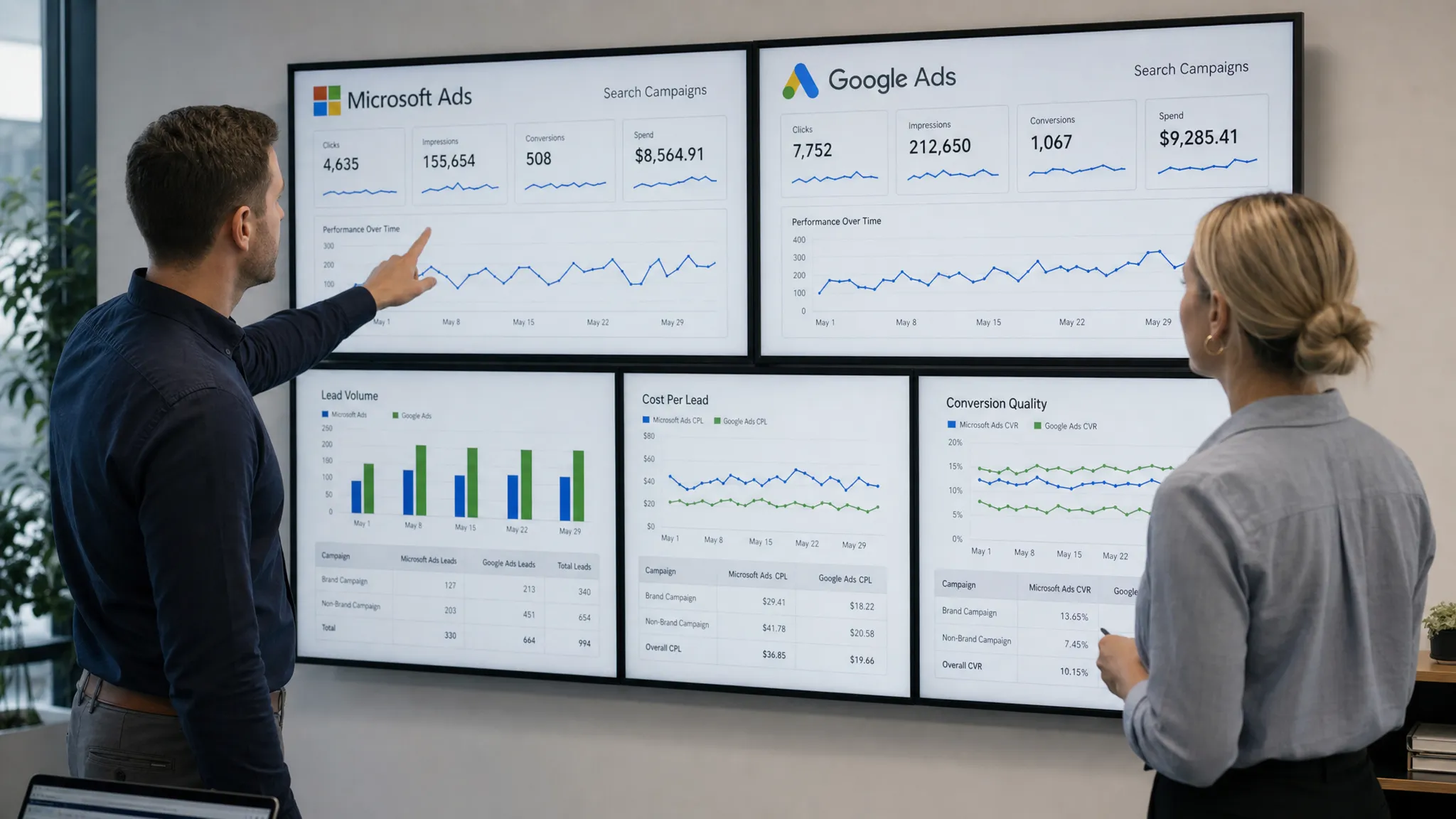 Two adults reviewing performance charts on a wall of search campaign reports, with Microsoft Ads, Google Ads, lead volume, cost per lead, and conversion quality clearly separated across the display.
