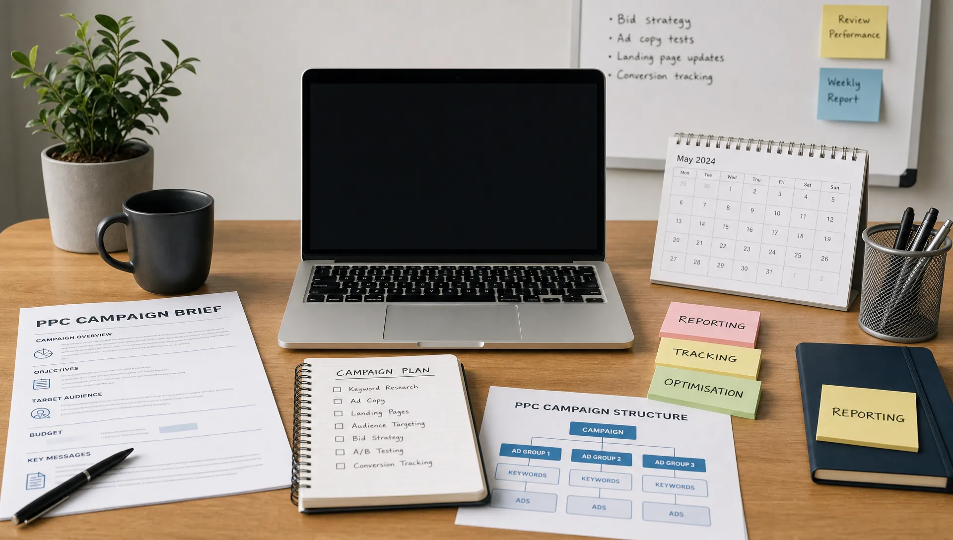 A tidy agency planning desk with printed PPC campaign briefs, a calendar, sticky notes labelled reporting, tracking and optimisation, and a laptop facing the viewer with nothing displayed behind it.