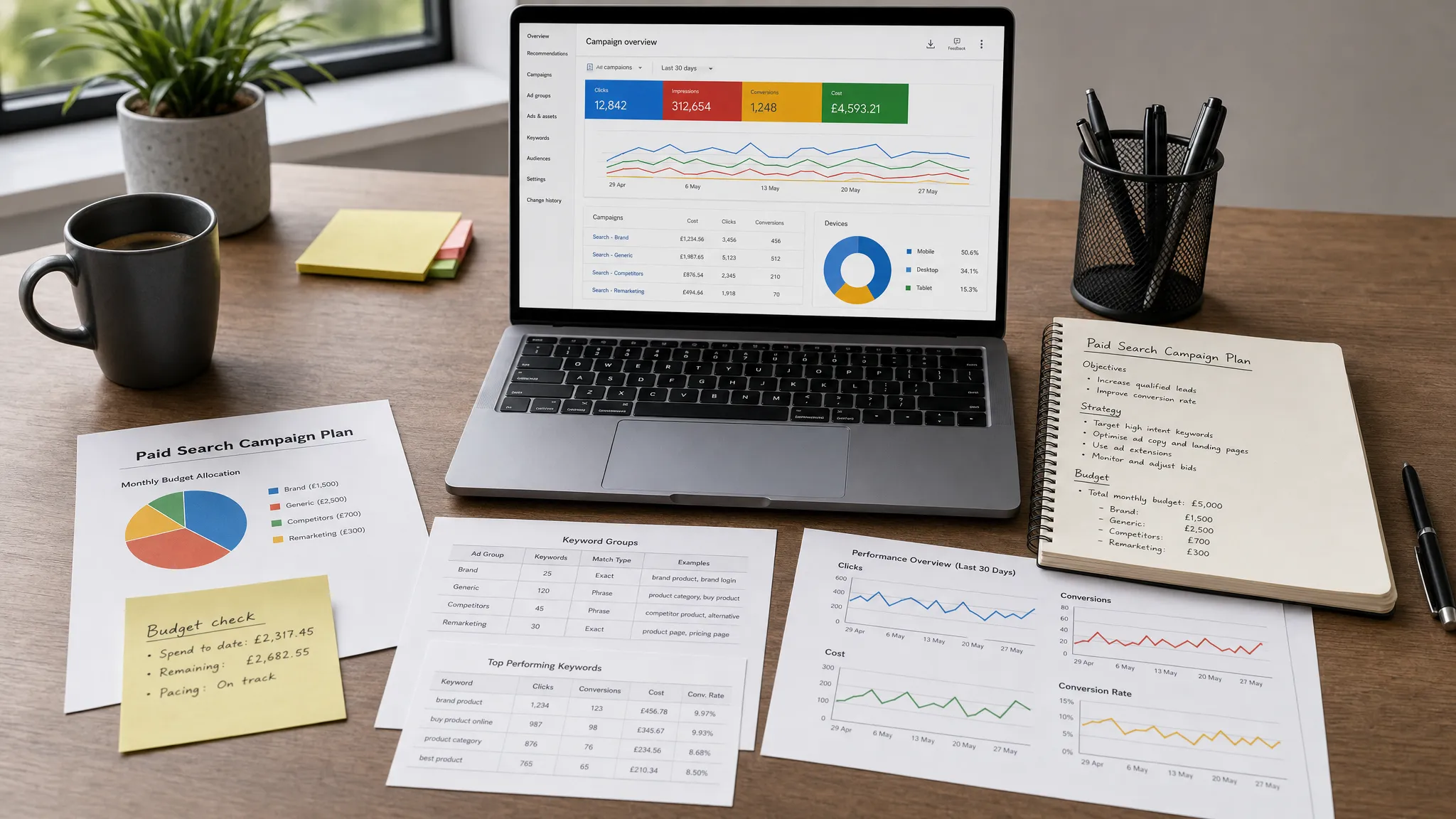 A tidy agency desk with a paid search campaign plan, budget notes, keyword groups and performance charts spread across a table, showing organised Google Ads management without any visible brand logos.