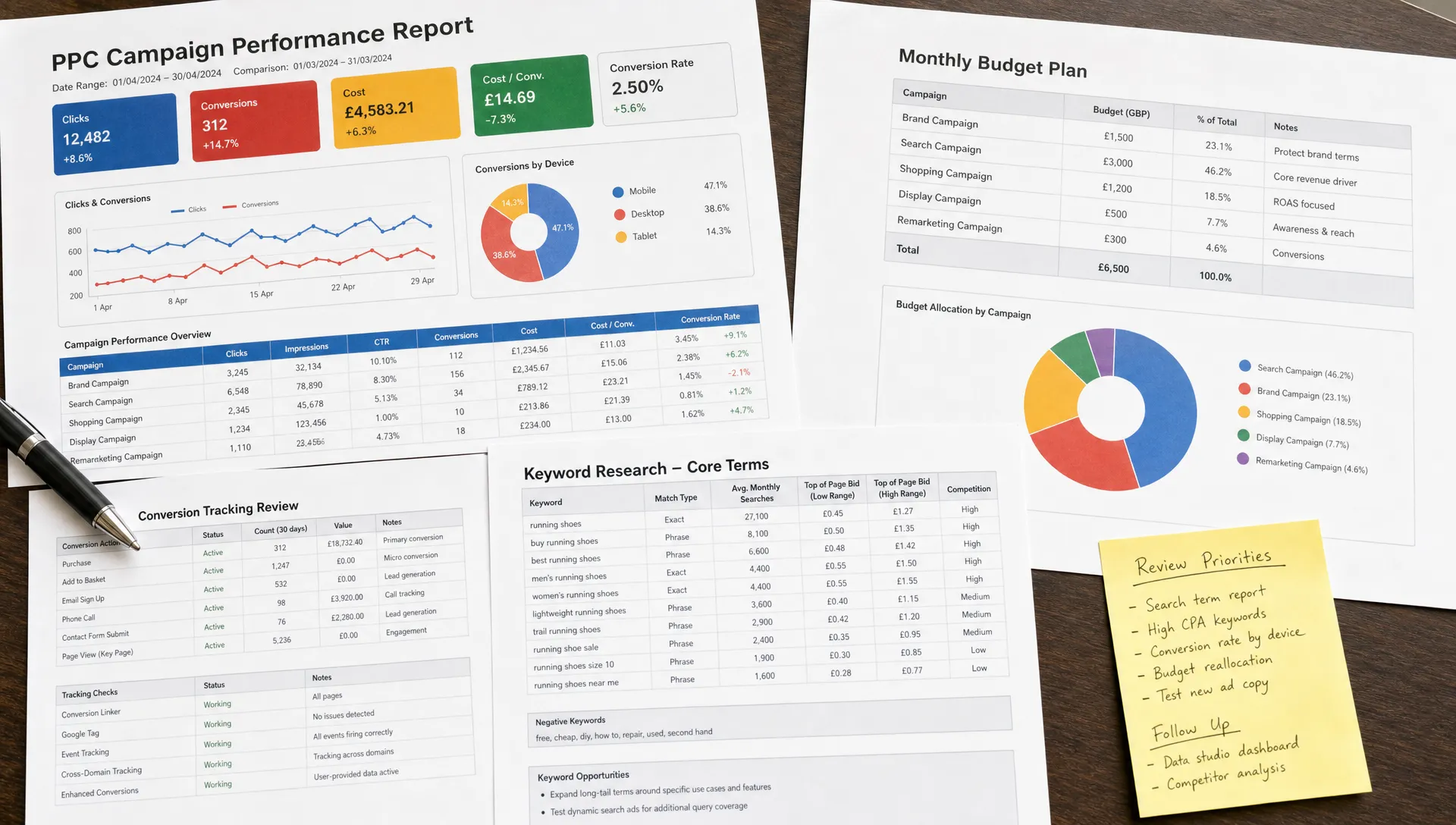 A close-up overhead view of printed PPC campaign reports, conversion tracking notes, keyword research sheets and budget planning documents spread out for a senior paid media review.