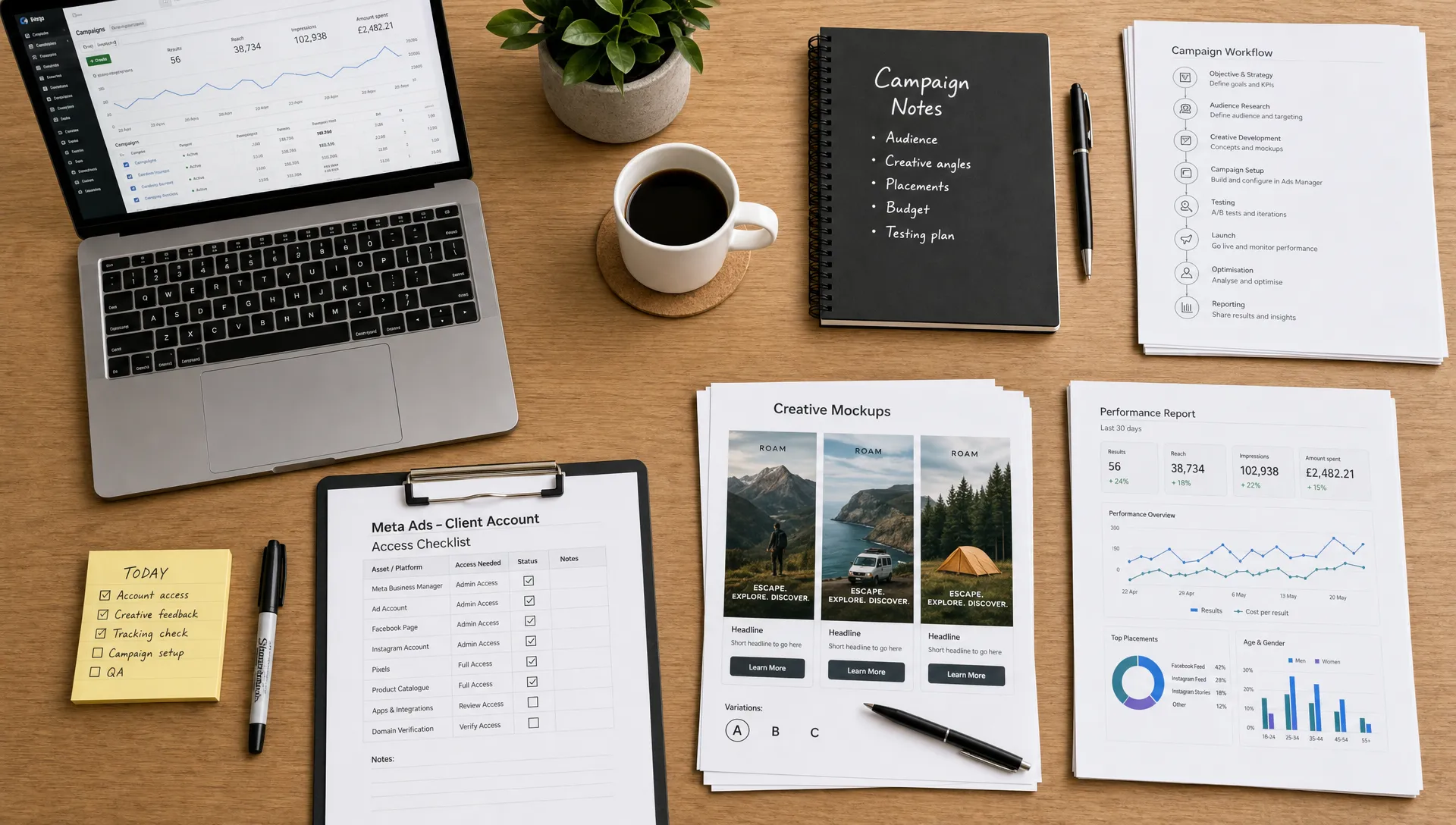 A top-down view of a digital agency table with campaign notes, creative mockups, reporting documents and access checklists arranged neatly for a Meta Ads client account workflow.