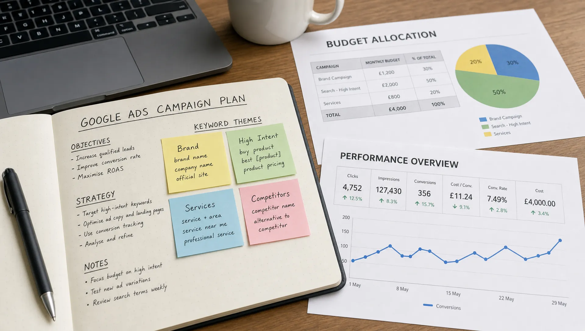 A close-up view of campaign planning notes, grouped keyword themes, budget allocation sheets and a simple performance chart on a desk, showing how Google Ads management connects strategy, spend and results.