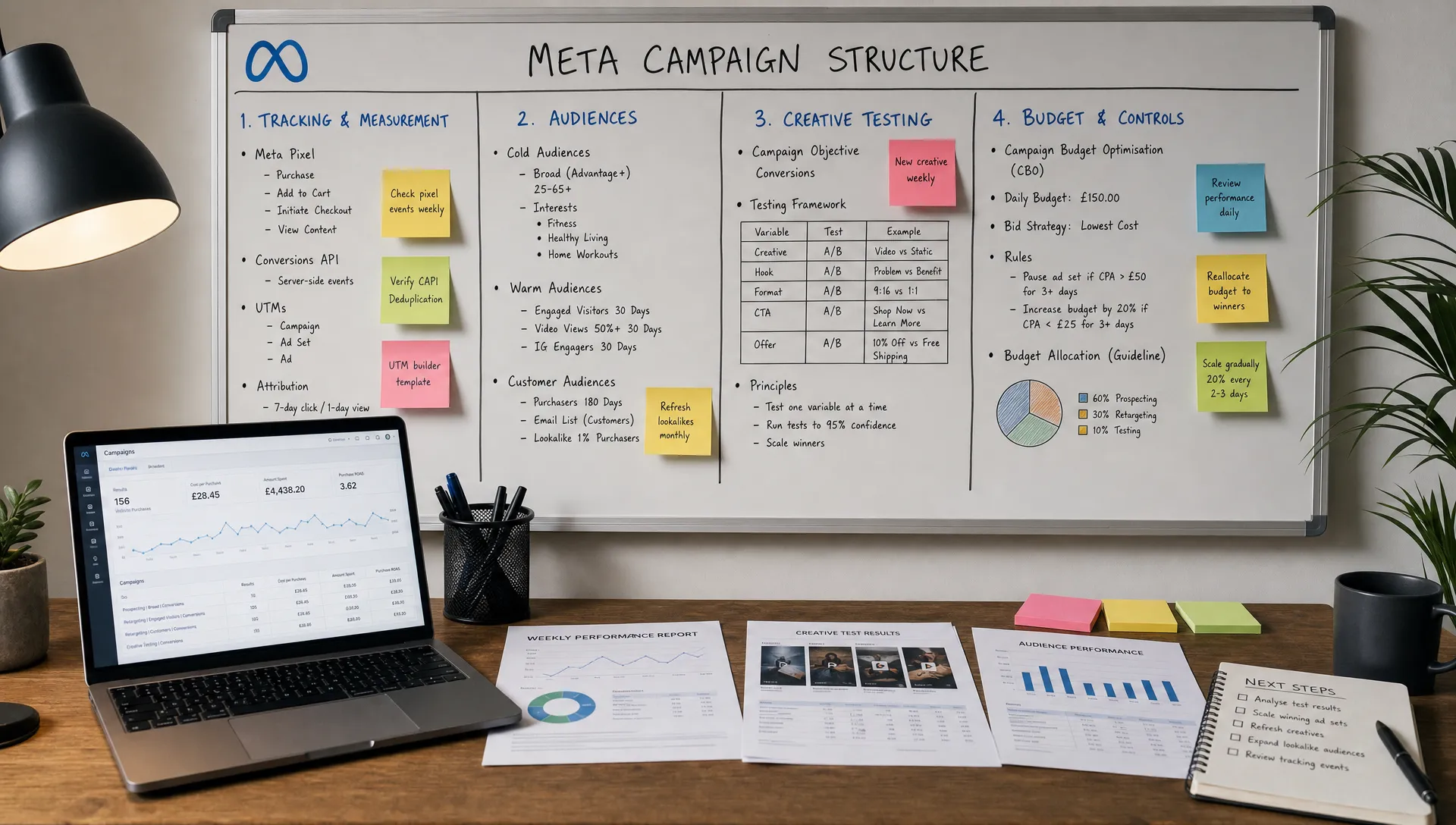 A digital advertising workspace showing a Meta campaign structure on a wall board, with separate sections for tracking, audiences, creative testing and budget controls, plus printed reports and sticky notes arranged on a desk.