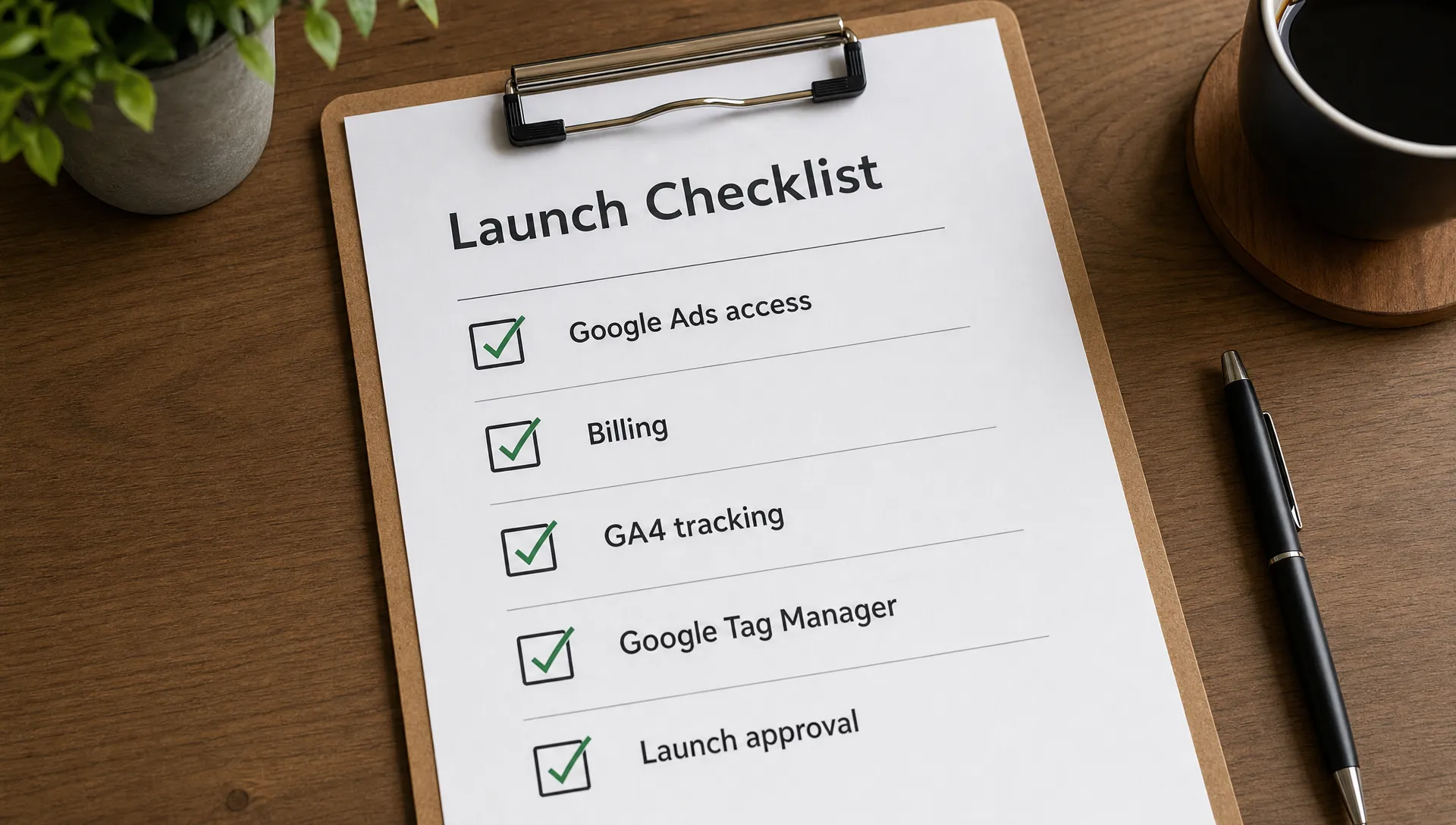 A launch checklist on a desk showing Google Ads access, billing, GA4 tracking, Google Tag Manager and launch approval as separate checked items.