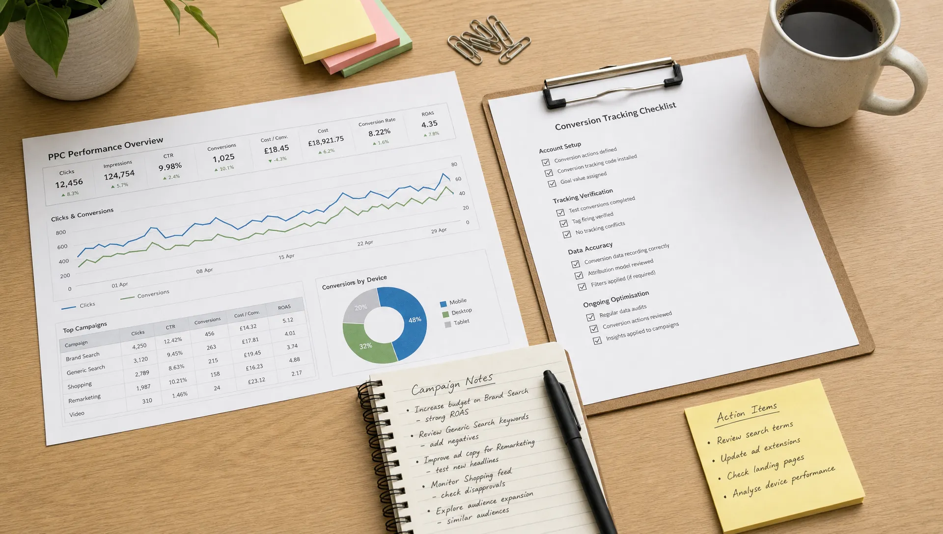 A tidy workspace with printed PPC performance charts, a conversion tracking checklist, campaign notes and a coffee cup on a desk, showing organised paid media analysis without any computer screens.