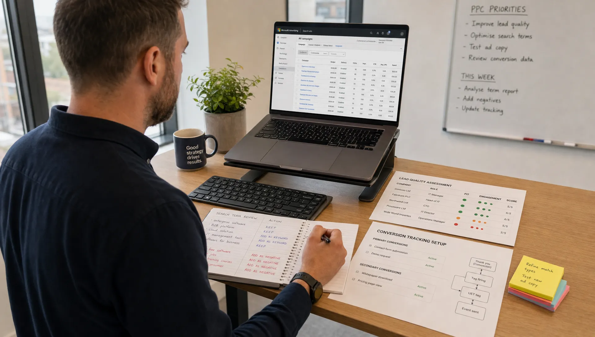 A PPC specialist reviewing a Microsoft Search Ads account for a B2B client at a standing desk, with a laptop screen facing the viewer, printed search term notes, lead quality markers and conversion tracking papers spread beside a keyboard.