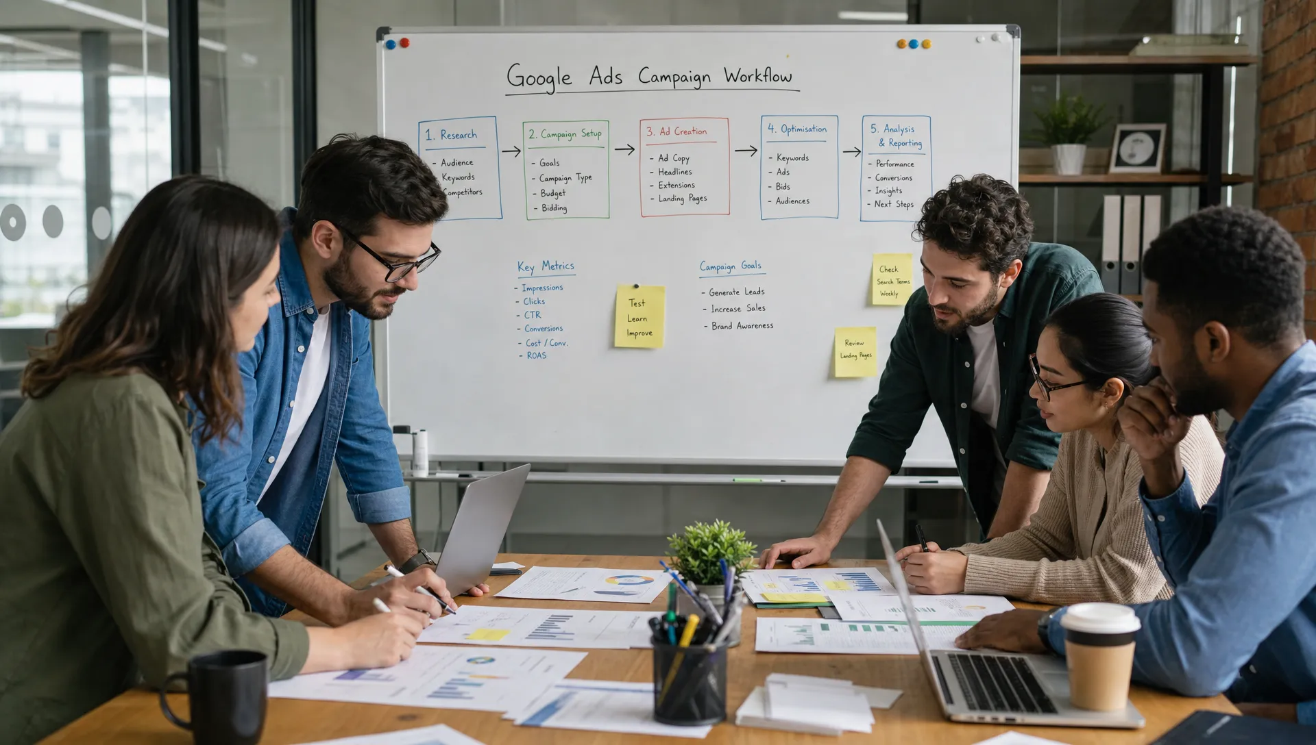 A medium scene of a busy digital agency team gathered around a table with campaign notes, performance charts on paper and a whiteboard showing Google Ads workflow steps, with the board facing the camera and the team leaning in over the discussion.