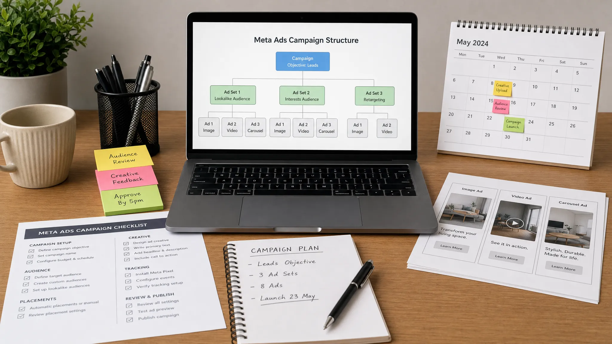 A tidy agency campaign planning workspace with printed Meta Ads checklists, ad creative mockups, a calendar, coloured approval notes and a laptop showing a campaign structure facing the viewer, with the screen facing the camera and nothing displayed behind it.