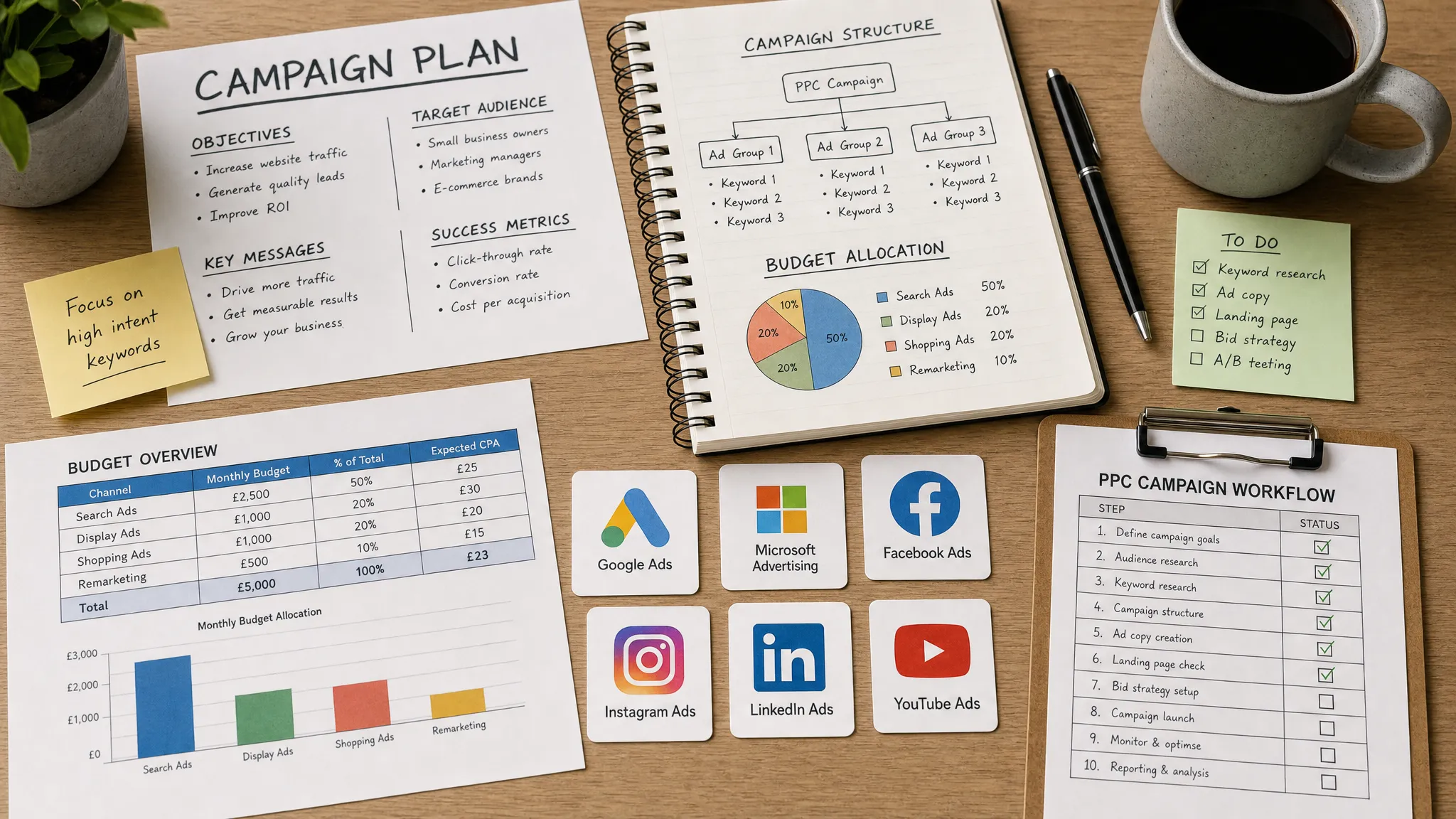 A close-up overhead view of campaign planning notes, budget sheets, ad channel icons, and a PPC workflow checklist spread across a desk.