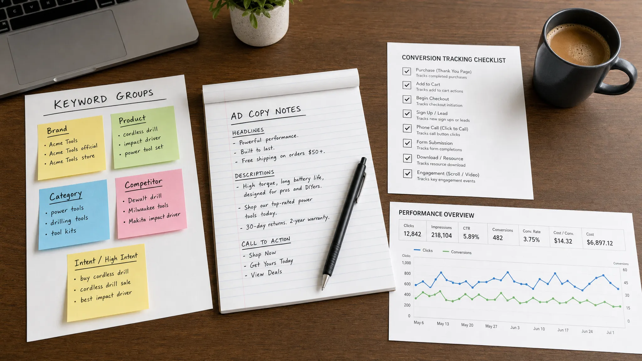 A compact desk scene with keyword groups, ad copy notes, a conversion tracking checklist and a simple performance chart arranged beside each other.