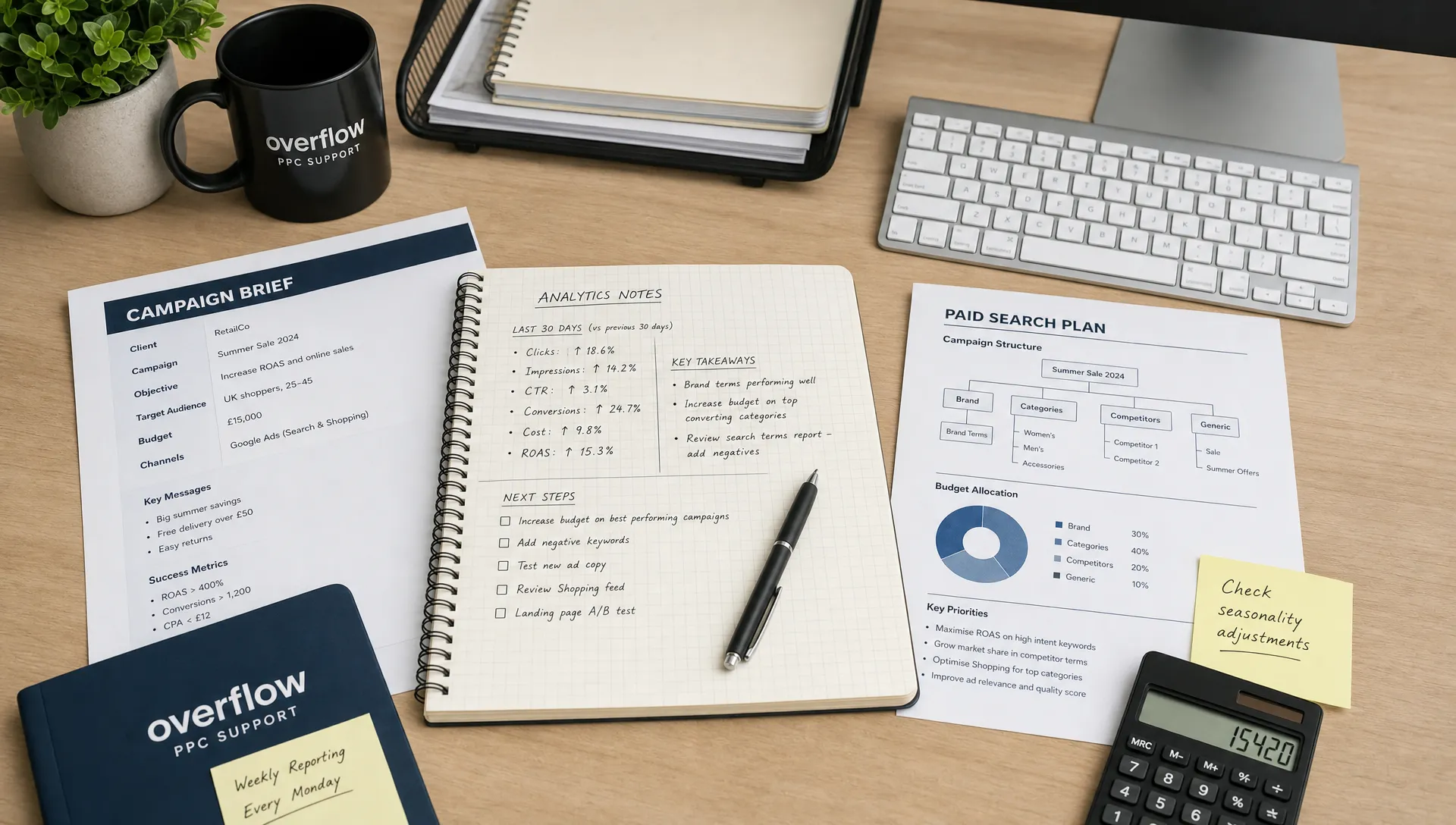 A tidy agency desk with campaign briefs, analytics notes and paid search planning documents arranged beside a keyboard and calculator, showing an organised overflow PPC support process.