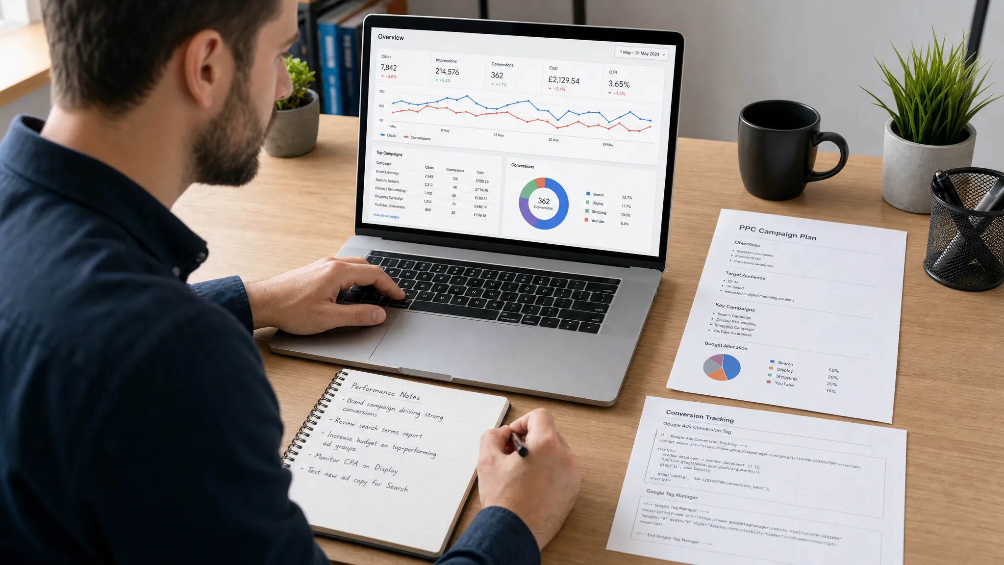 A paid media specialist reviewing campaign data, conversion tracking tags and performance notes on a clean desk setup with charts and PPC planning documents.