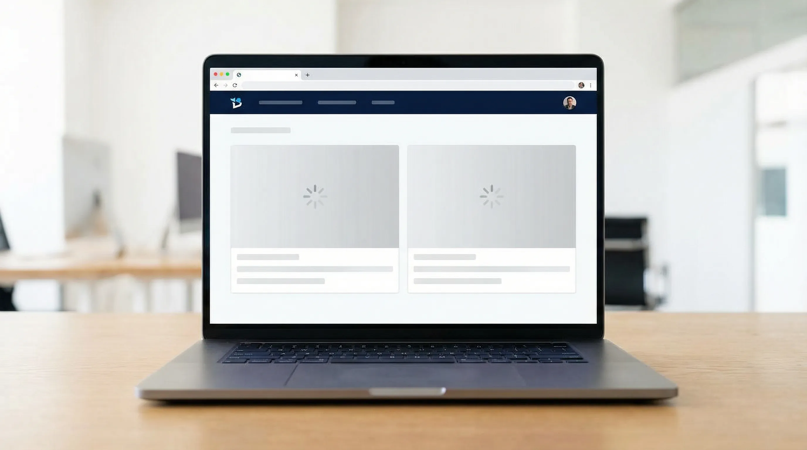 A web app page rendering progressively, with a top navigation and profile header already visible while two content sections show lightweight skeleton loaders, illustrating streaming and Suspense-based progressive rendering.