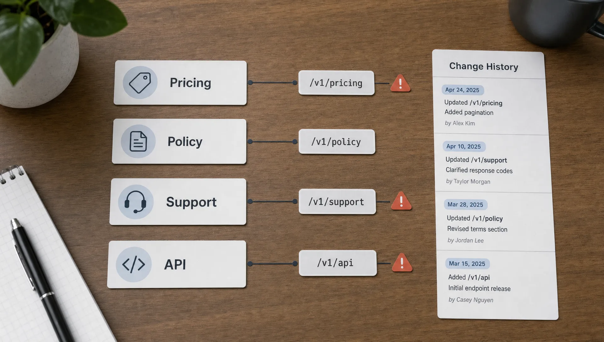 A quiet tabletop layout with cards labeled pricing, policy, support, and API connected by lines to URL path examples and small alert markers, with a change-history strip beside them and no people present.