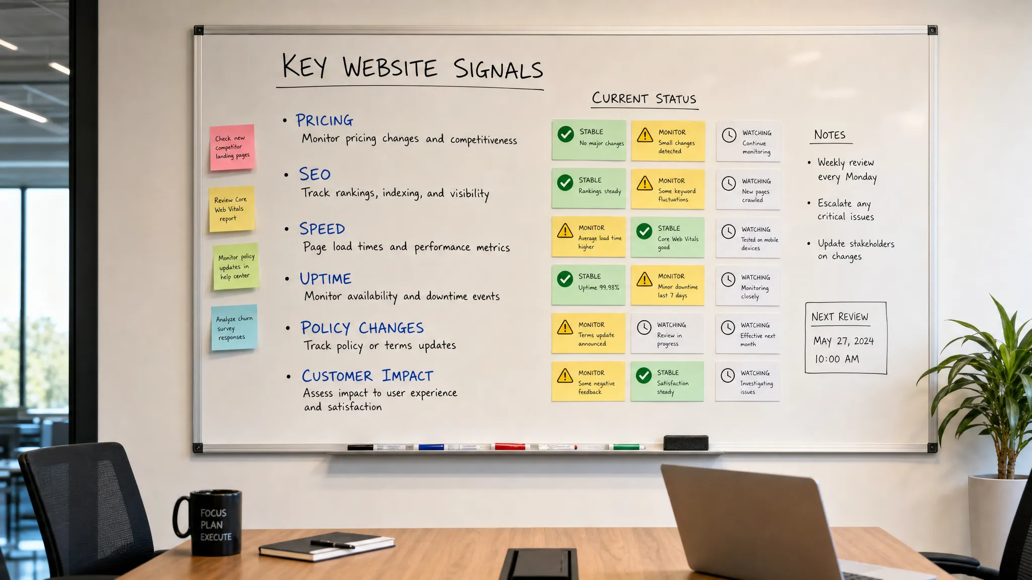 A meeting room whiteboard listing key website signals such as pricing, SEO, speed, uptime, policy changes, and customer impact, with sticky notes and status cards arranged around it.