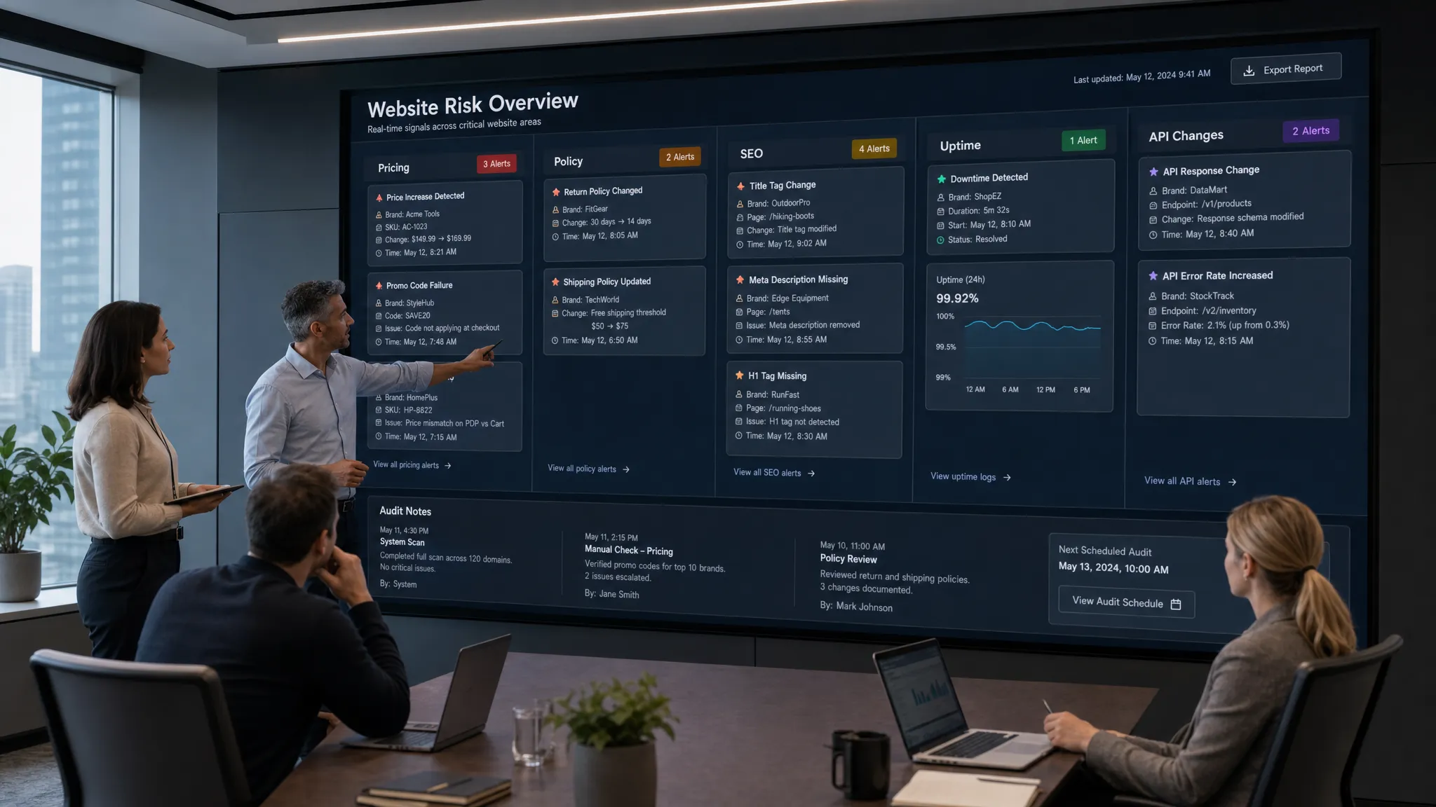 A wide conceptual scene of a business team reviewing a large wall-mounted matrix of website risk signals, with separate columns for pricing, policy, SEO, uptime, and API changes, plus clear alert cards and audit notes organized like an operations briefing board in a modern meeting room.