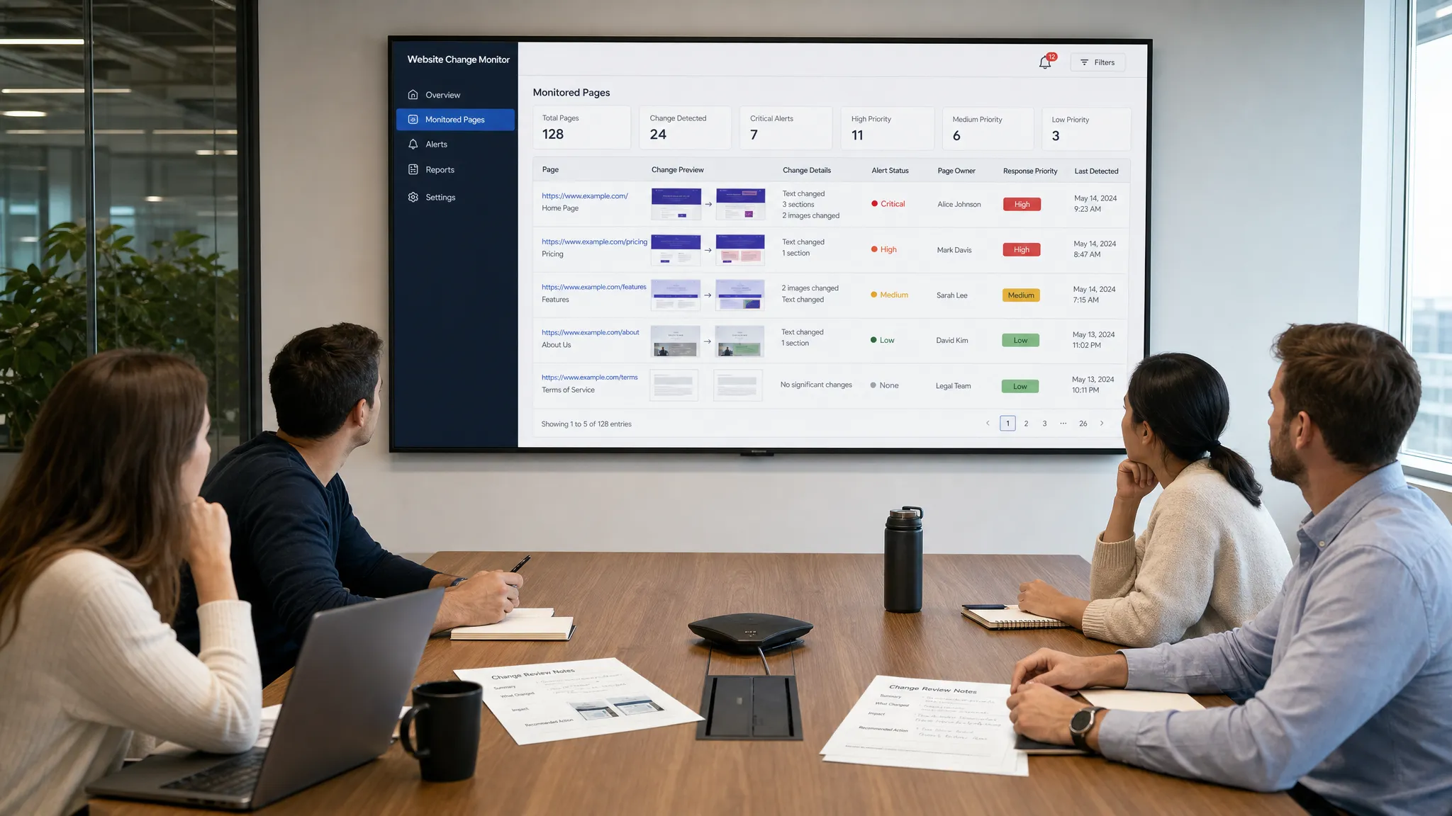 A meeting room with a wall display facing the team, showing rows of monitored website pages, highlighted content changes, alert status, owner labels, and response priorities, with a few printed review notes on the table.