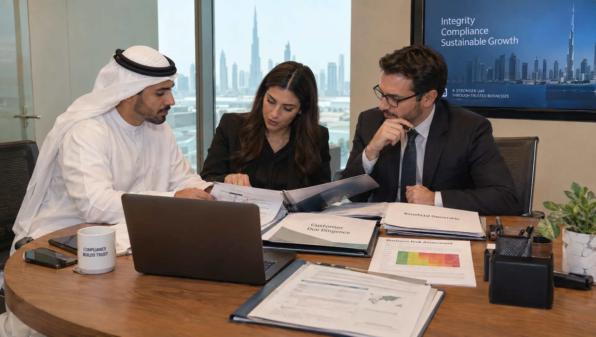 AML specialists and a business manager review customer due diligence records, beneficial ownership papers and a business risk assessment.