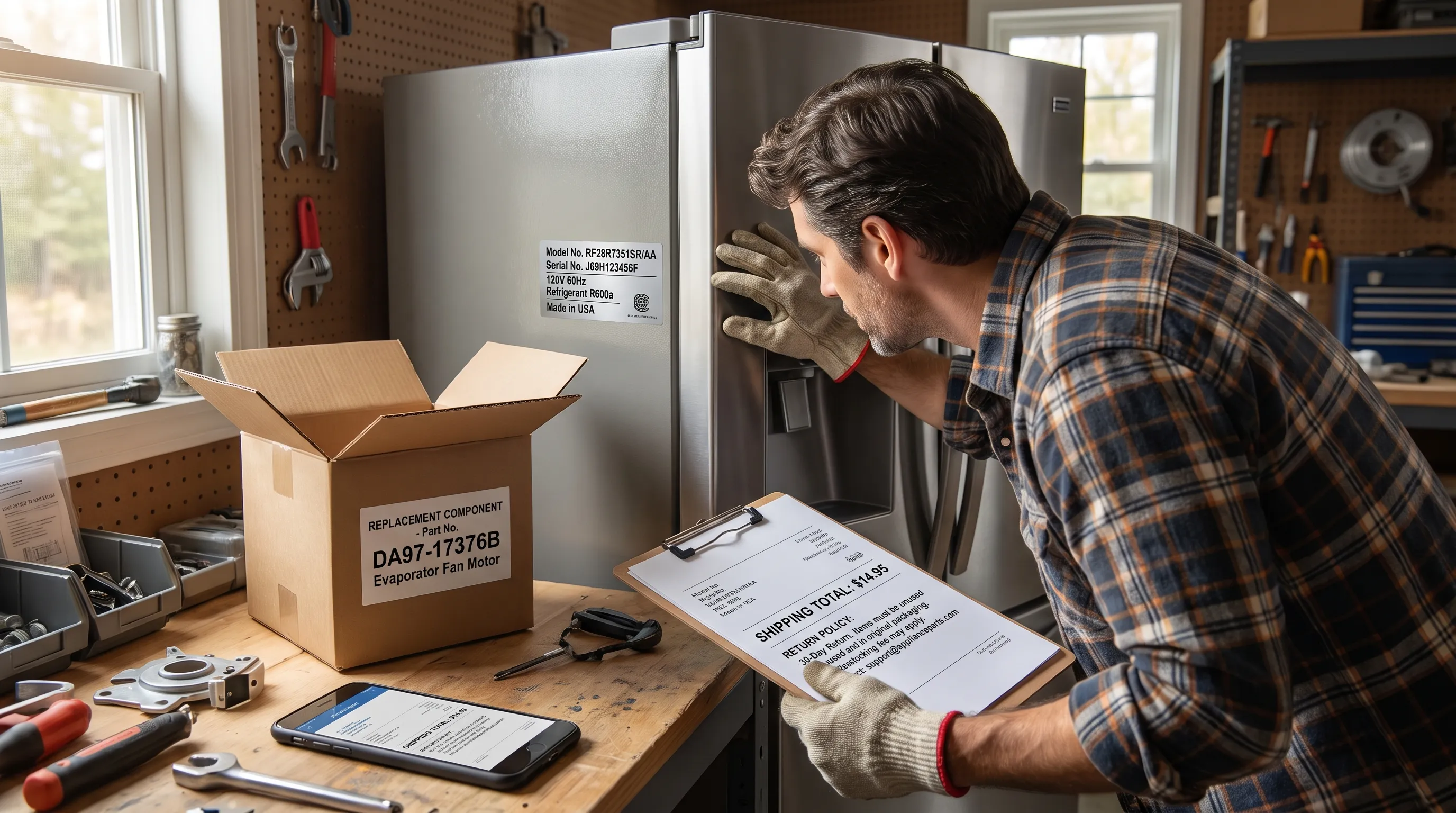 A buyer checks a refrigerator model label beside a boxed replacement component and reviews the shipping total and return terms on a workbench.