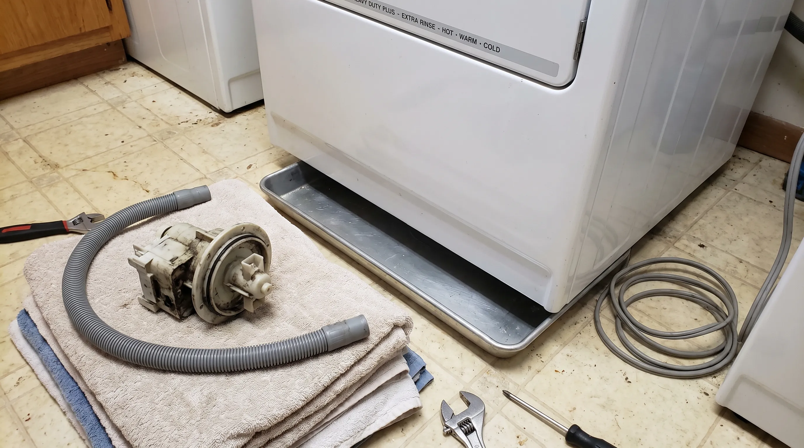 Whirlpool appliance parts, including a removed washer drain pump and drain hose, beside an unplugged washing machine, with a shallow catch pan and towels ready for inspection.
