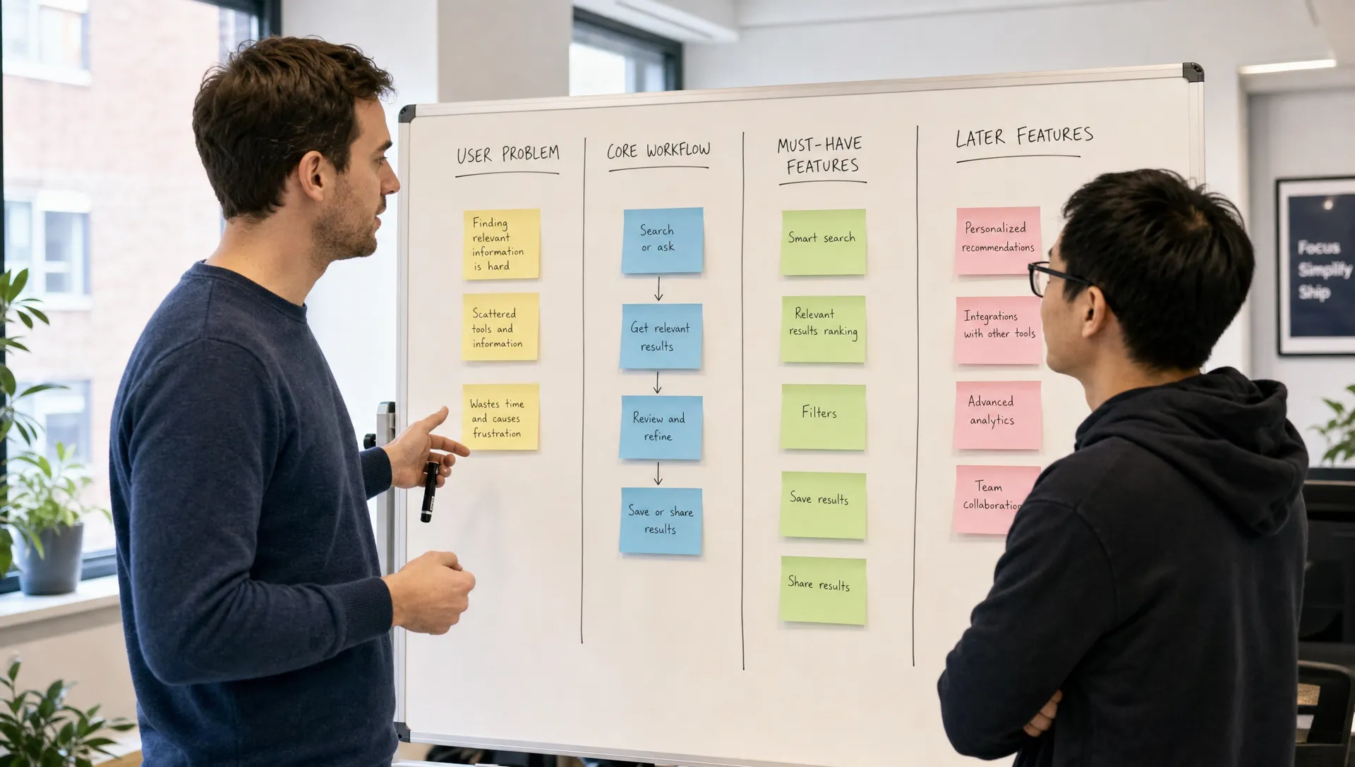 A founder and a developer stand by a whiteboard with columns for user problem, core workflow, must-have features, and later features.