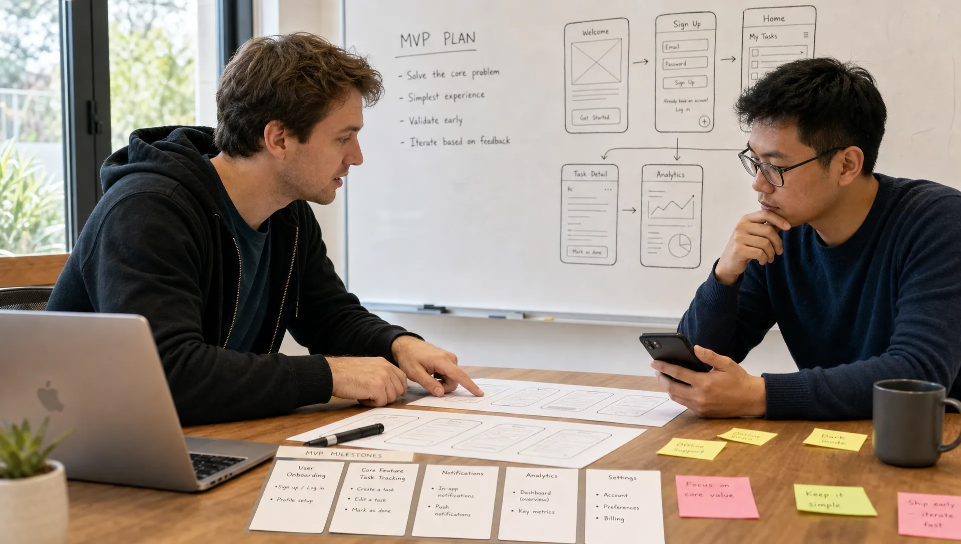 A founder and mobile app developer review wireframes, milestone cards, and a phone while planning the first MVP version.