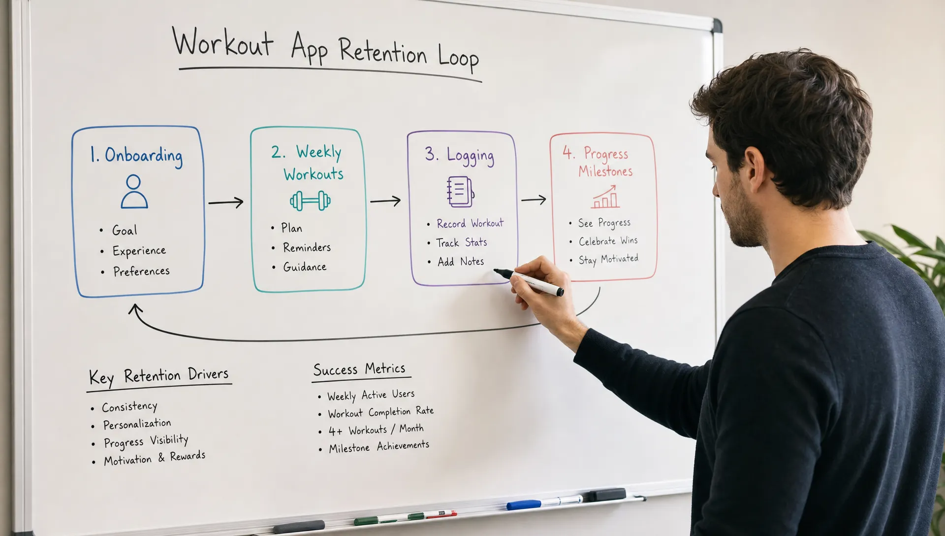 A founder planning a workout app retention loop on a whiteboard with onboarding, weekly workouts, logging, and progress milestones connected in order.