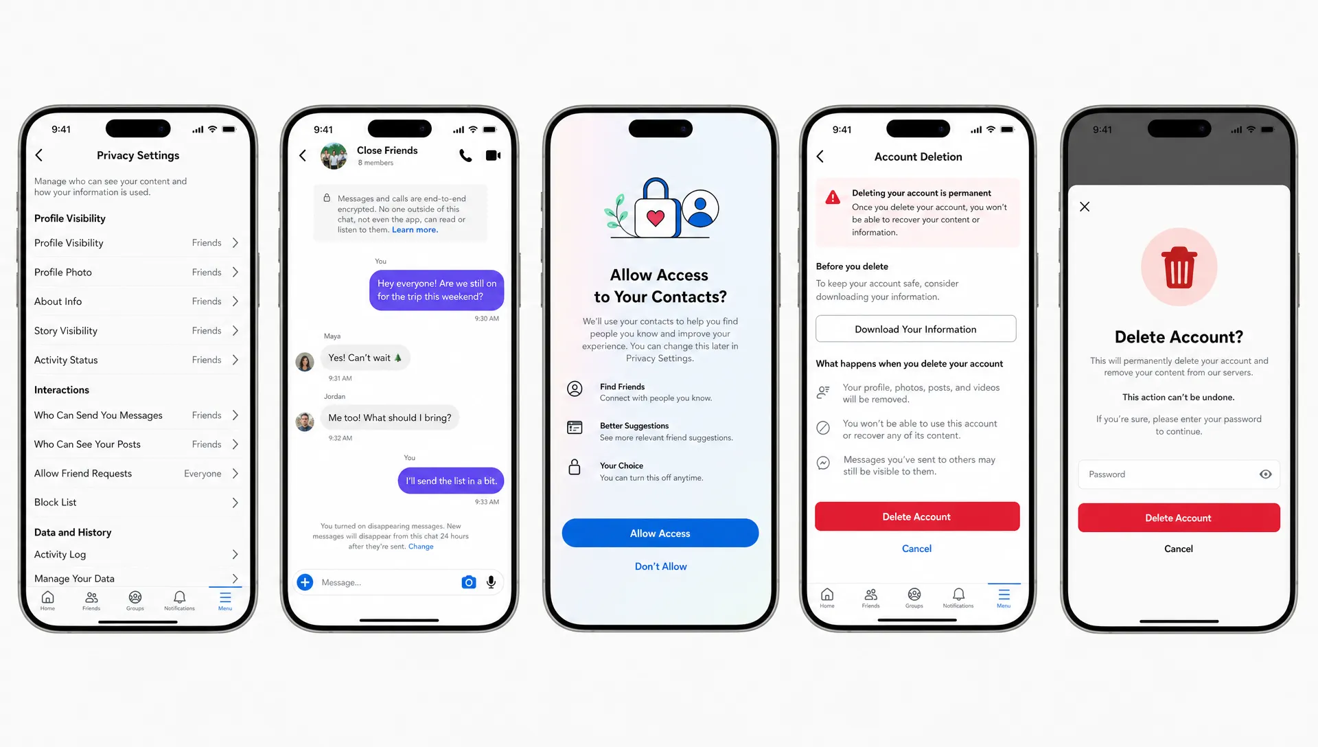 A row of app screens shows privacy settings for a social app, including profile visibility, a private group chat, permission prompts, and account deletion.