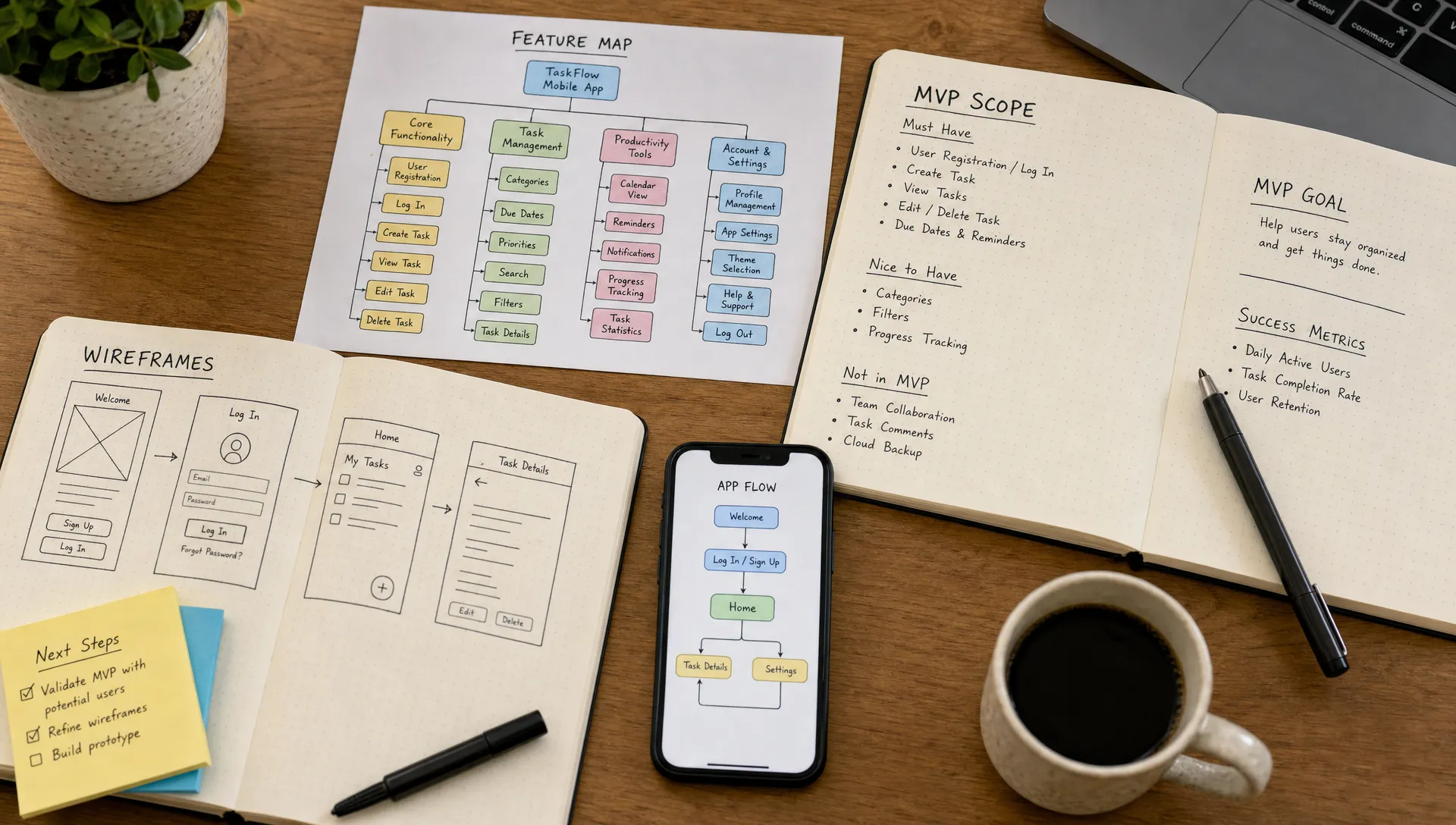 A mobile app planning desk shows a feature map, wireframe sketches, MVP notes, and a phone with a simple app flow.