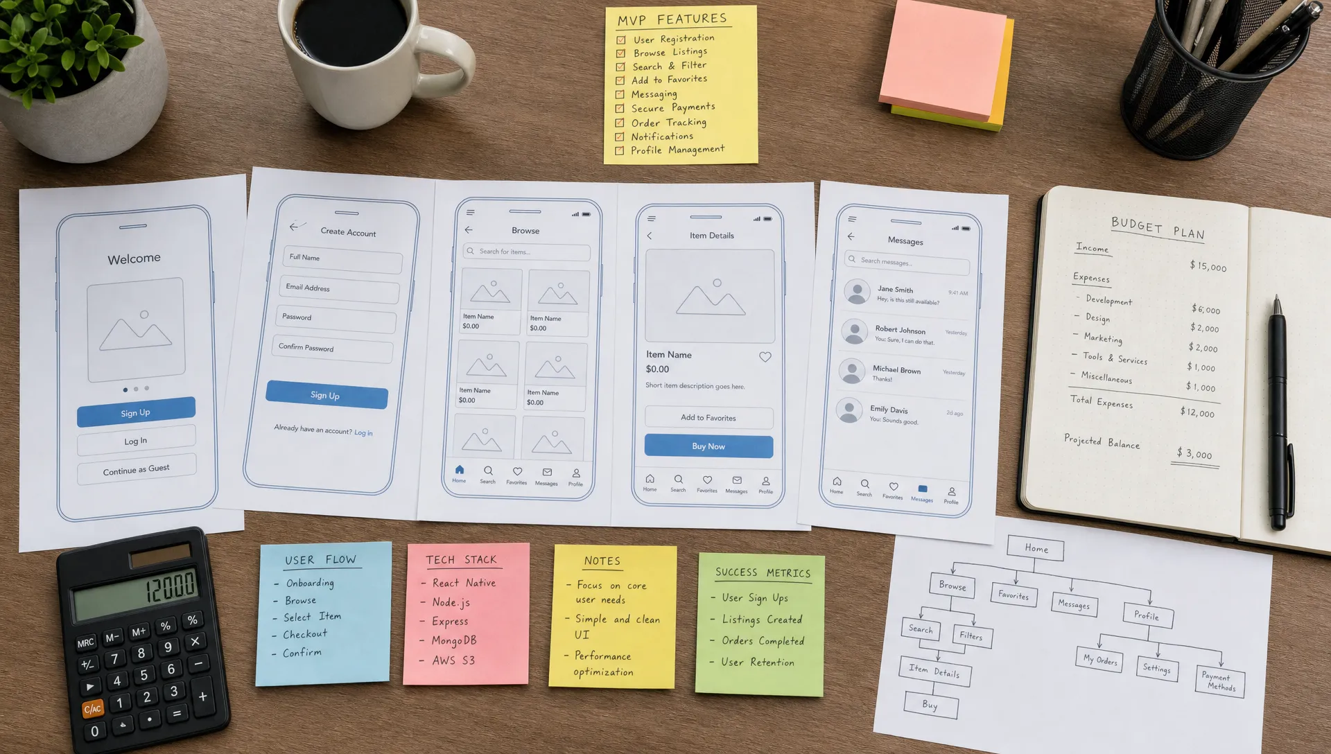 A founder's desk with printed mobile app wireframes, a calculator, budget notes, and sticky notes showing planned MVP features laid out for review, viewed from above with the papers spread across a work surface.