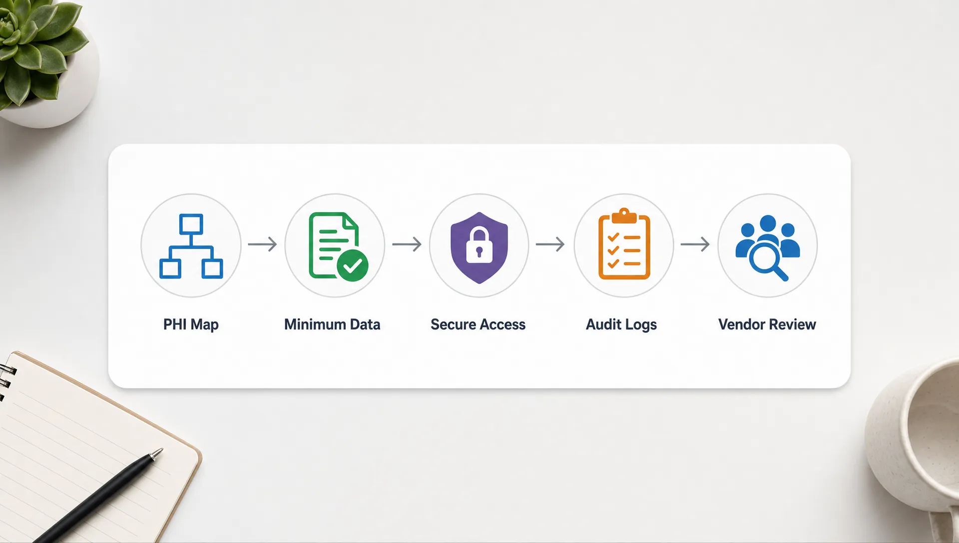 A workflow card shows PHI map, minimum data, secure access, audit logs, and vendor review connected by arrows.