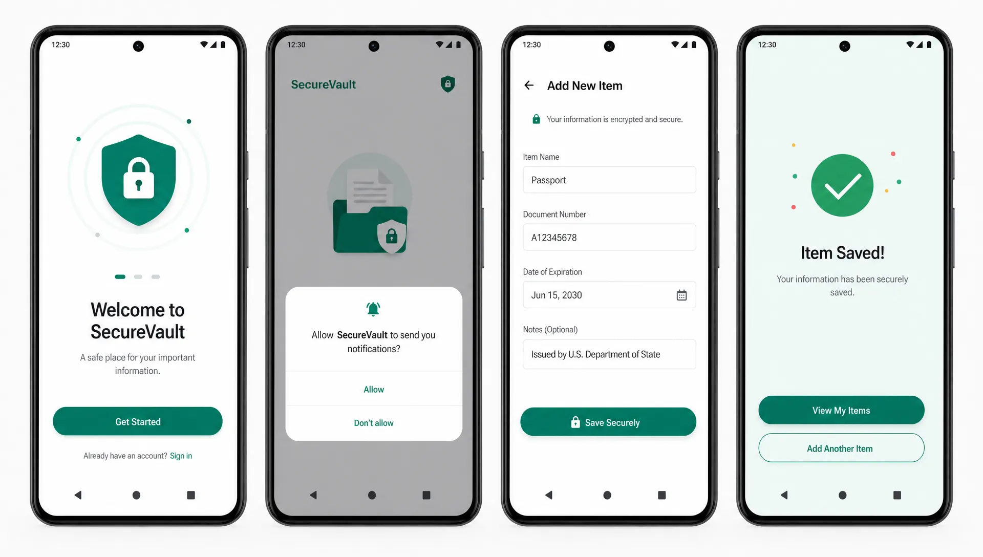Several phone screens show onboarding, a permission request, a secure form and a saved confirmation for a clean Android app.