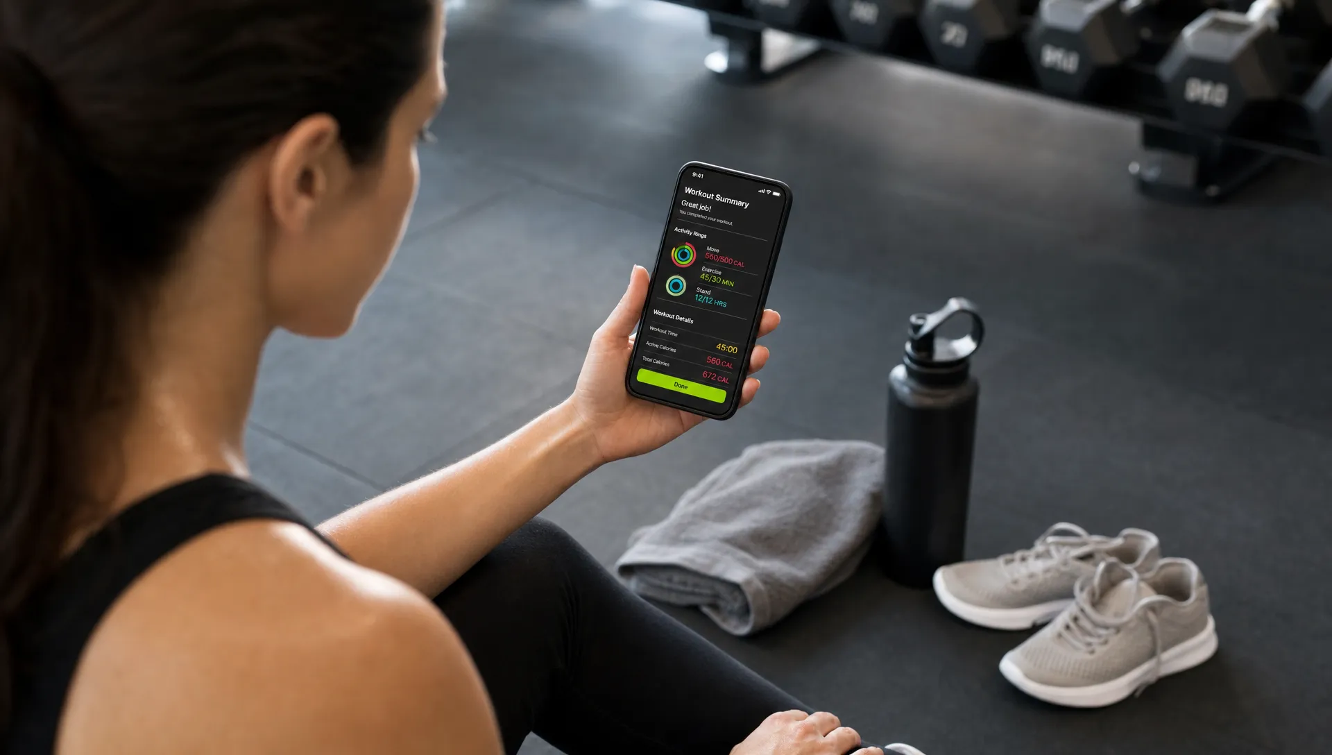 A person in workout clothes checks a fitness app progress screen after exercising, with a water bottle, towel and shoes nearby in a gym.