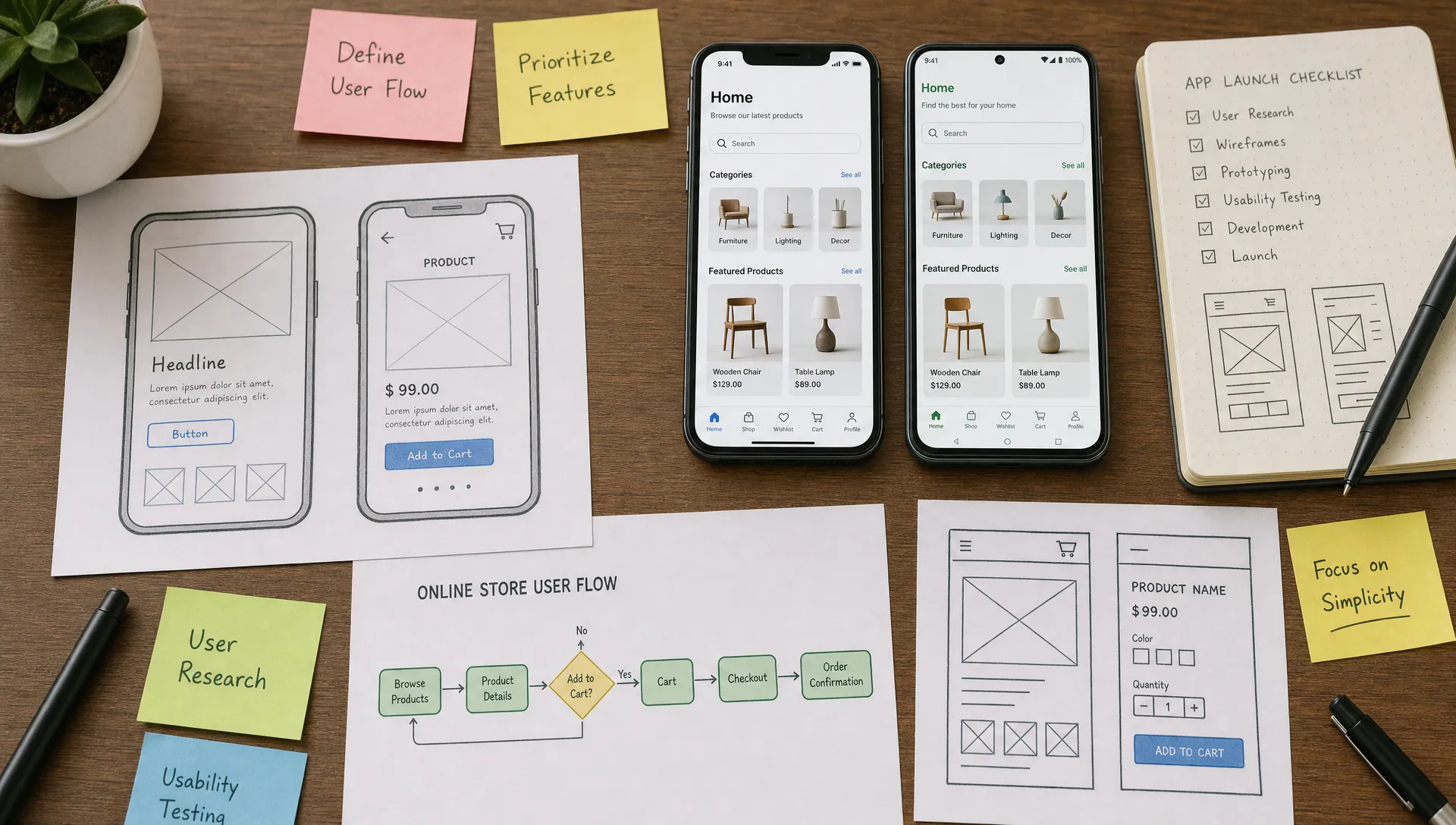 Two smartphones lying flat beside iOS and Android app mockups, paper wireframes, sticky notes, and a small business workflow map on a desk.