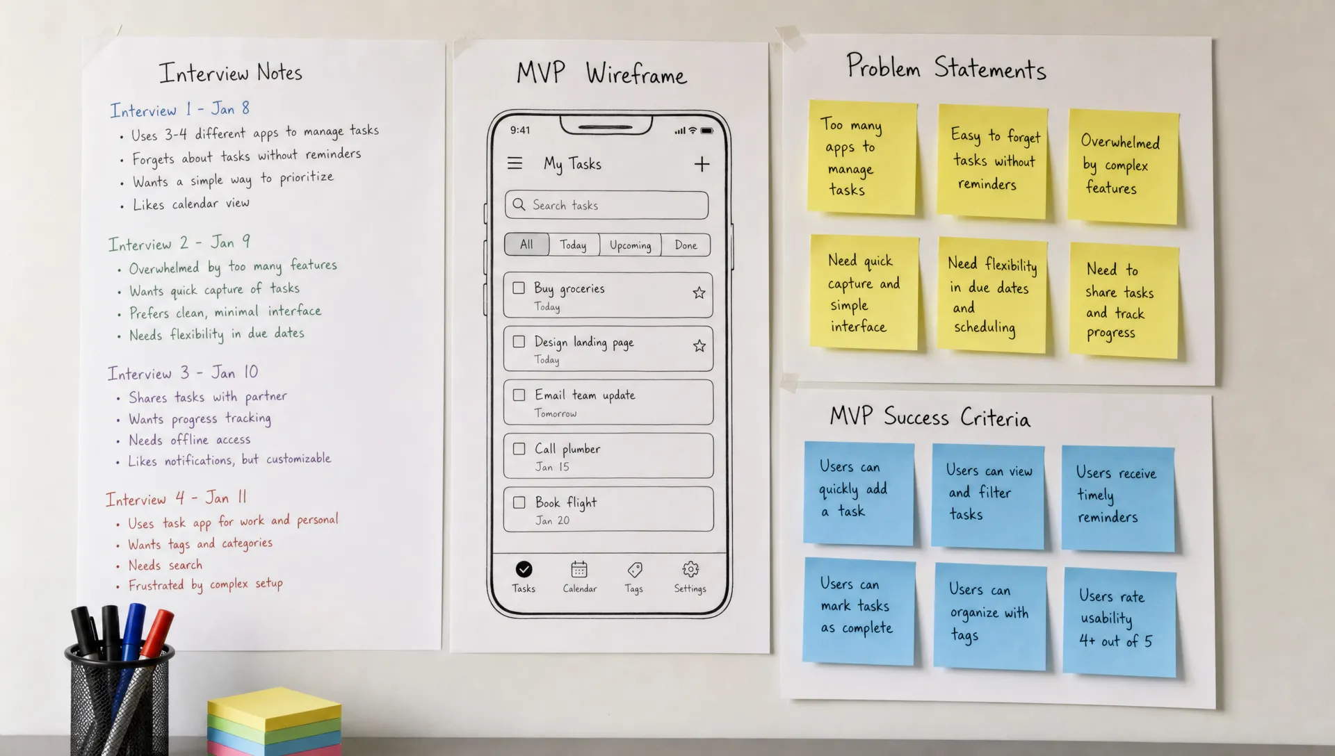 A validation table shows interview notes, a phone wireframe, problem sticky notes, and MVP success criteria grouped together.