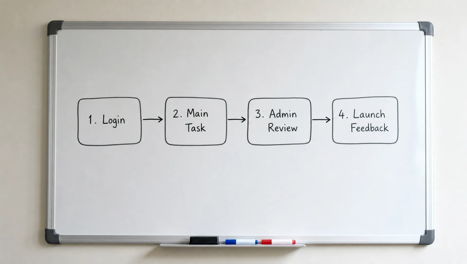 A simple workflow board shows login, the main task, admin review and launch feedback as connected boxes.