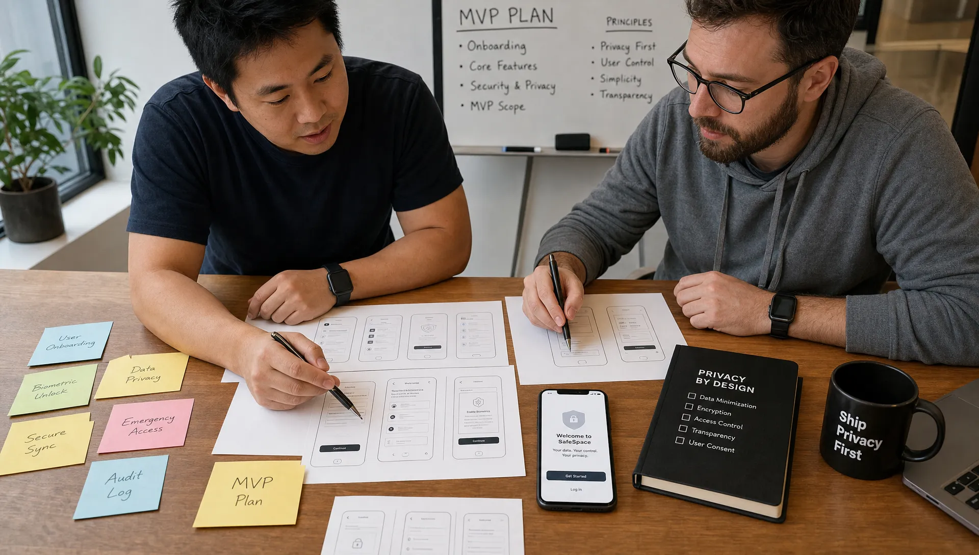 A founder and iOS developer review an MVP plan with printed wireframes, sticky notes, a privacy notebook, and an iPhone showing onboarding.