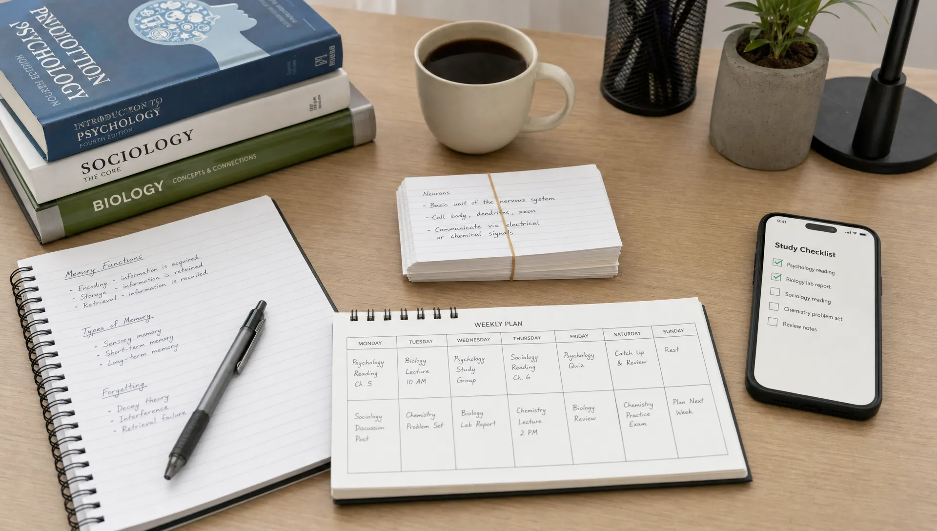 A desk holds notebooks, flashcards, a weekly planner, and a phone checklist beside textbooks and coffee.
