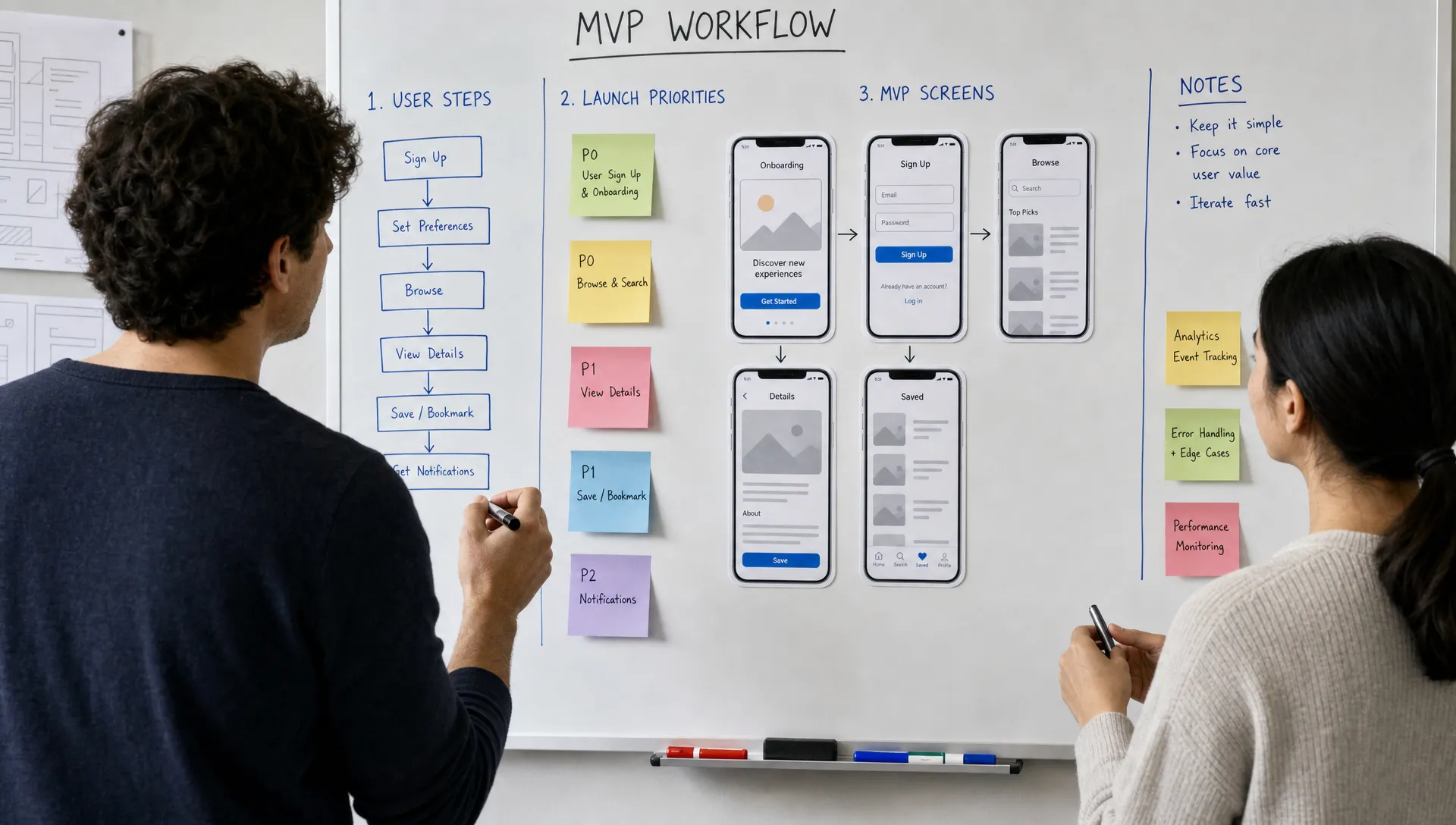 A founder and mobile app developer review an MVP workflow board with user steps, launch priorities, and simple app screen cards.