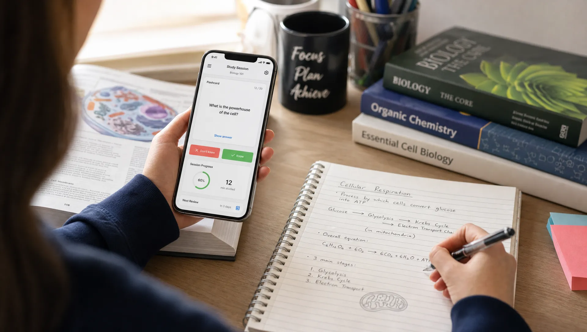 An adult student sits at a desk with textbooks, handwritten notes, and a phone showing a personalized study session with flashcards and progress indicators.