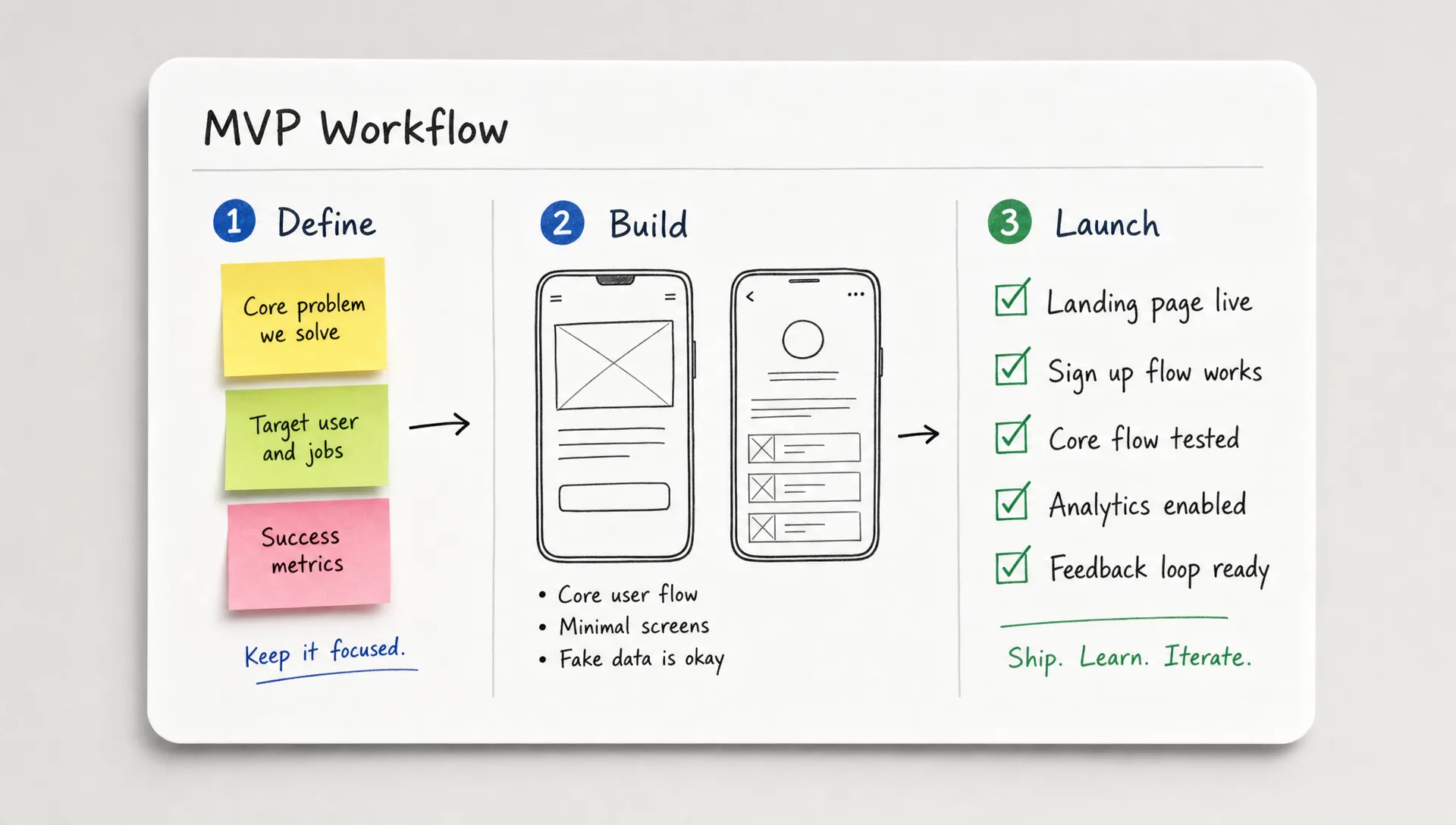 A checklist card shows a simple MVP workflow with sticky notes, phone wireframes, and a launch checklist.