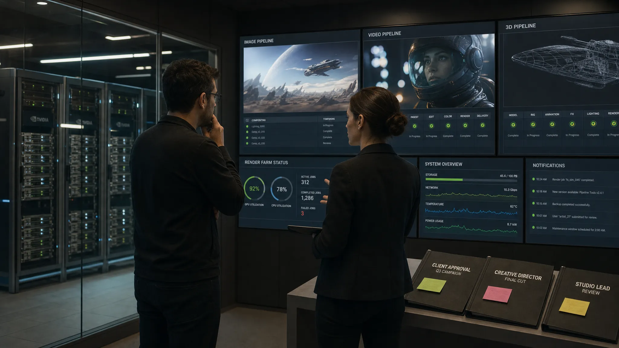 A secure enterprise operations room with GPU server racks behind glass, one engineer and one studio lead reviewing image, video, and 3D pipeline status on wall displays, and approval folders arranged on a side table.