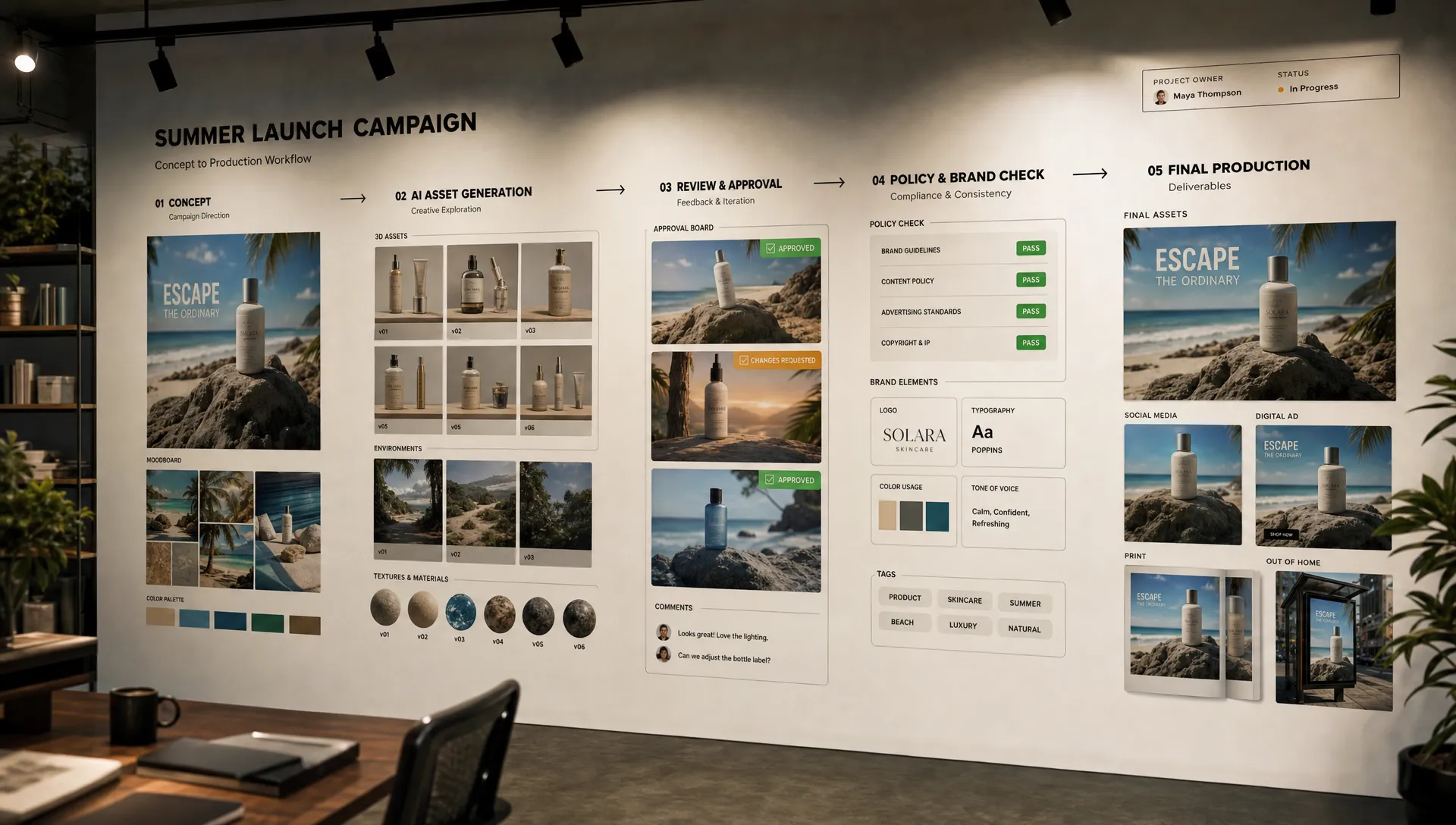 A studio wall with campaign visuals, 3D asset thumbnails, approval cards, policy tags, and workflow arrows showing how creative AI assets move from concept to review to final production.