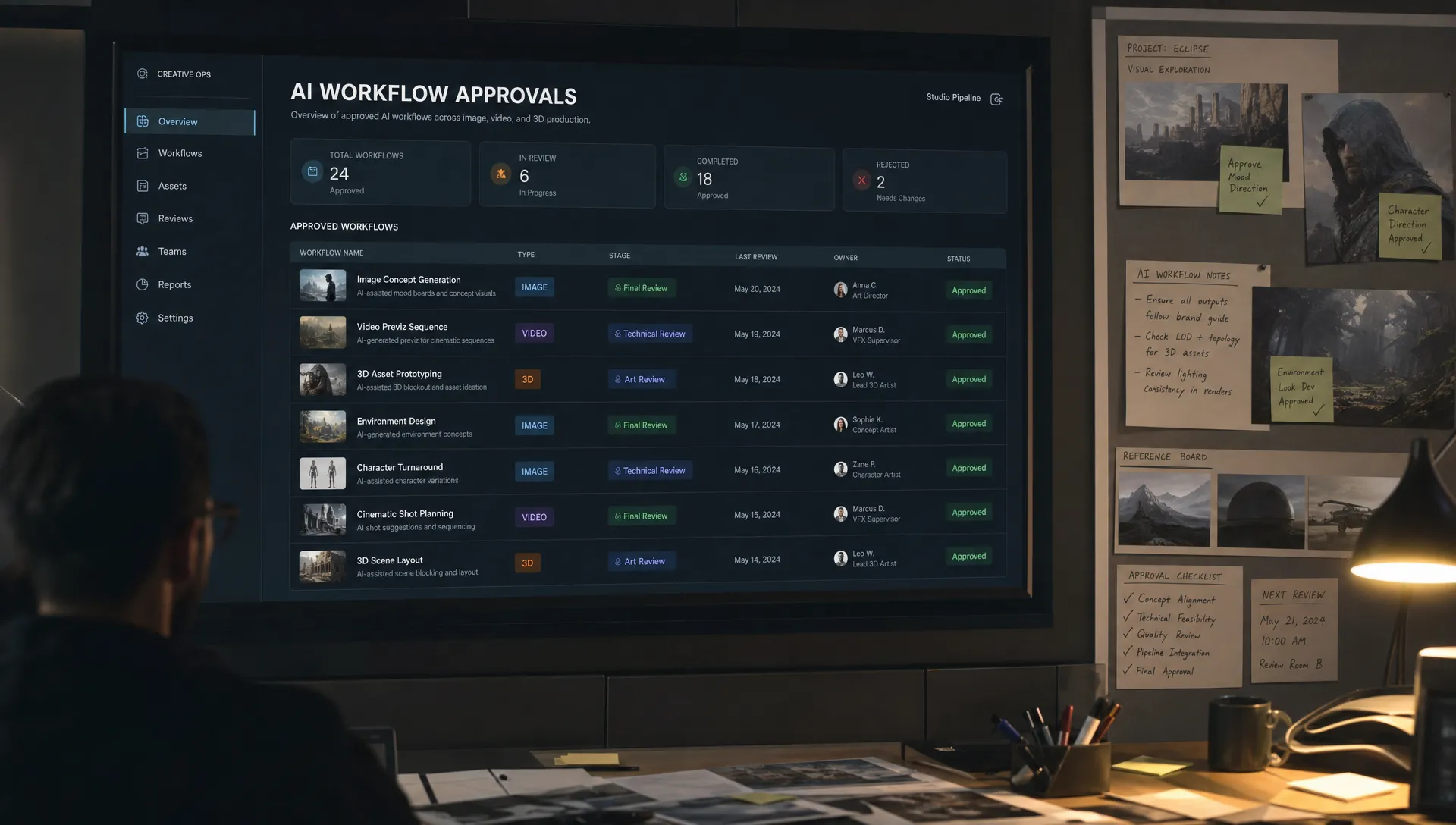 A creative operations dashboard showing approved AI workflows for image, video, and 3D production, with clear status labels, review stages, and team roles arranged across a studio pipeline, displayed on a wall screen in an enterprise studio planning room with reference cards and approval notes nearby.